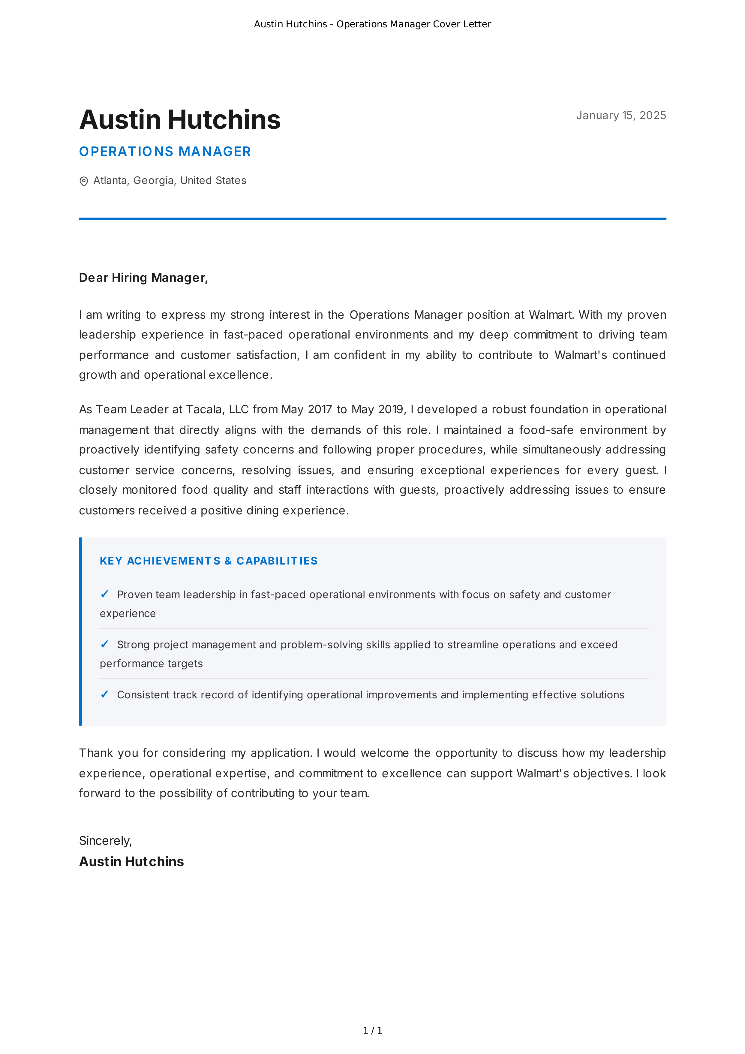 Walmart Operations Manager Cover Letter — page 1