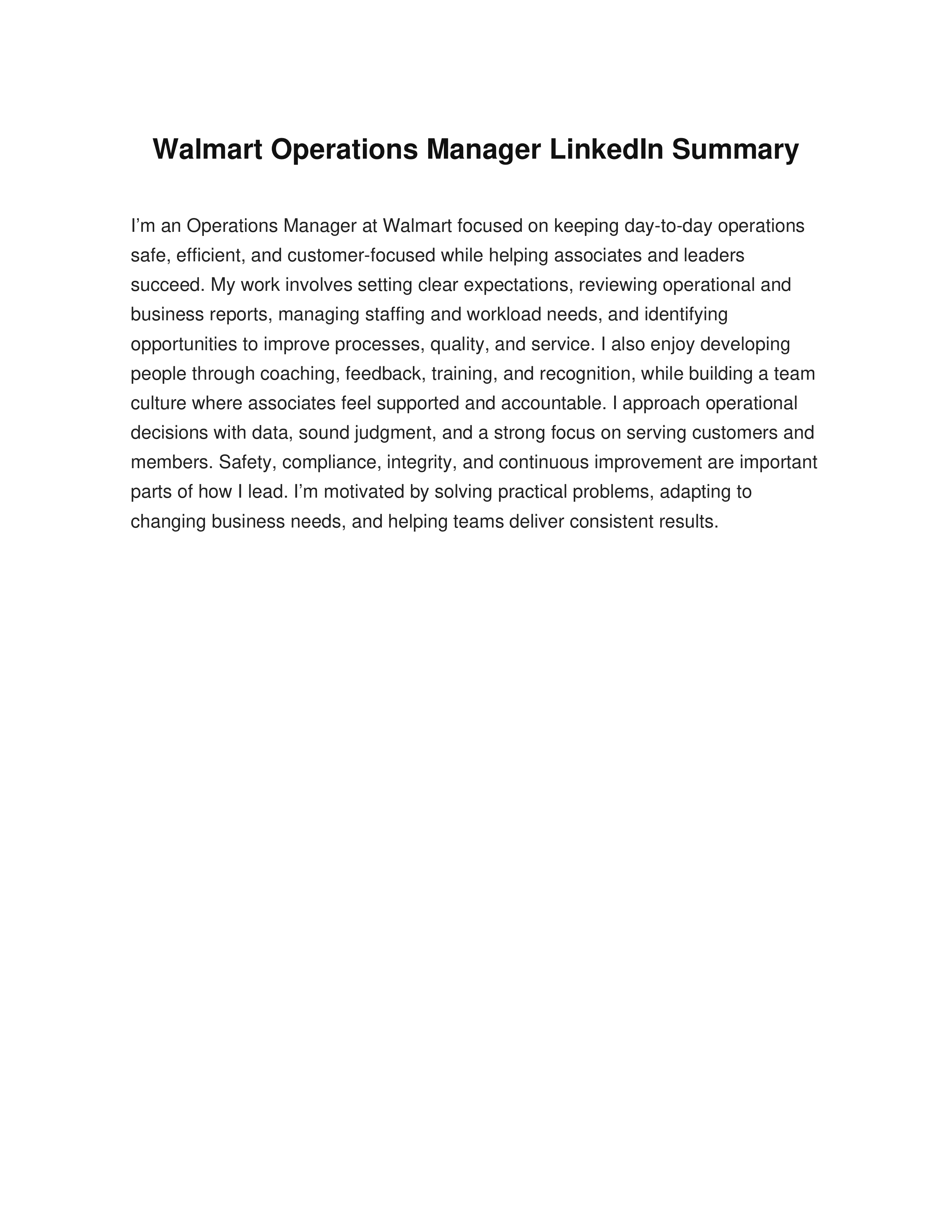 Walmart Operations Manager LinkedIn Summary — page 1