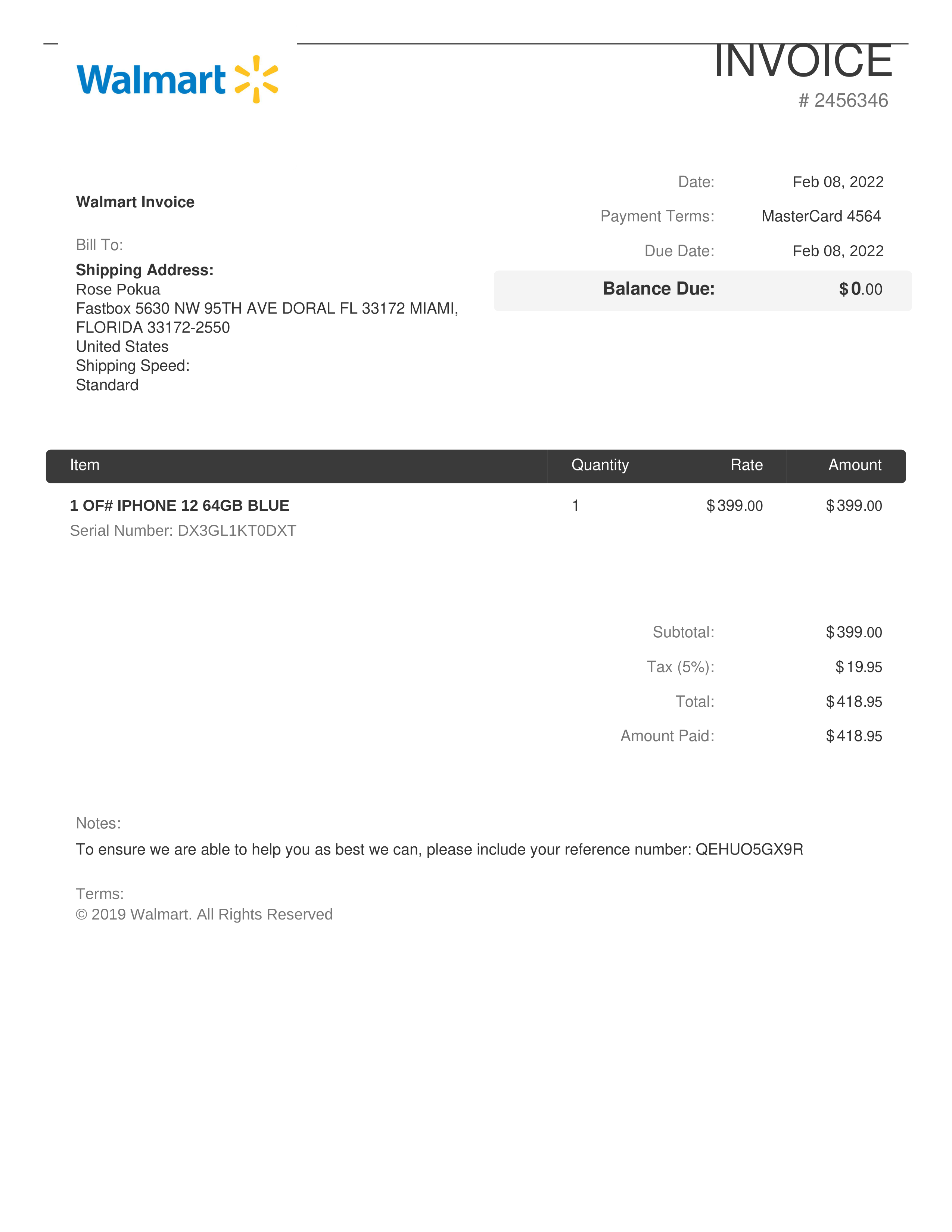 Walmart IPHONE 12 Purchase Invoice — page 1