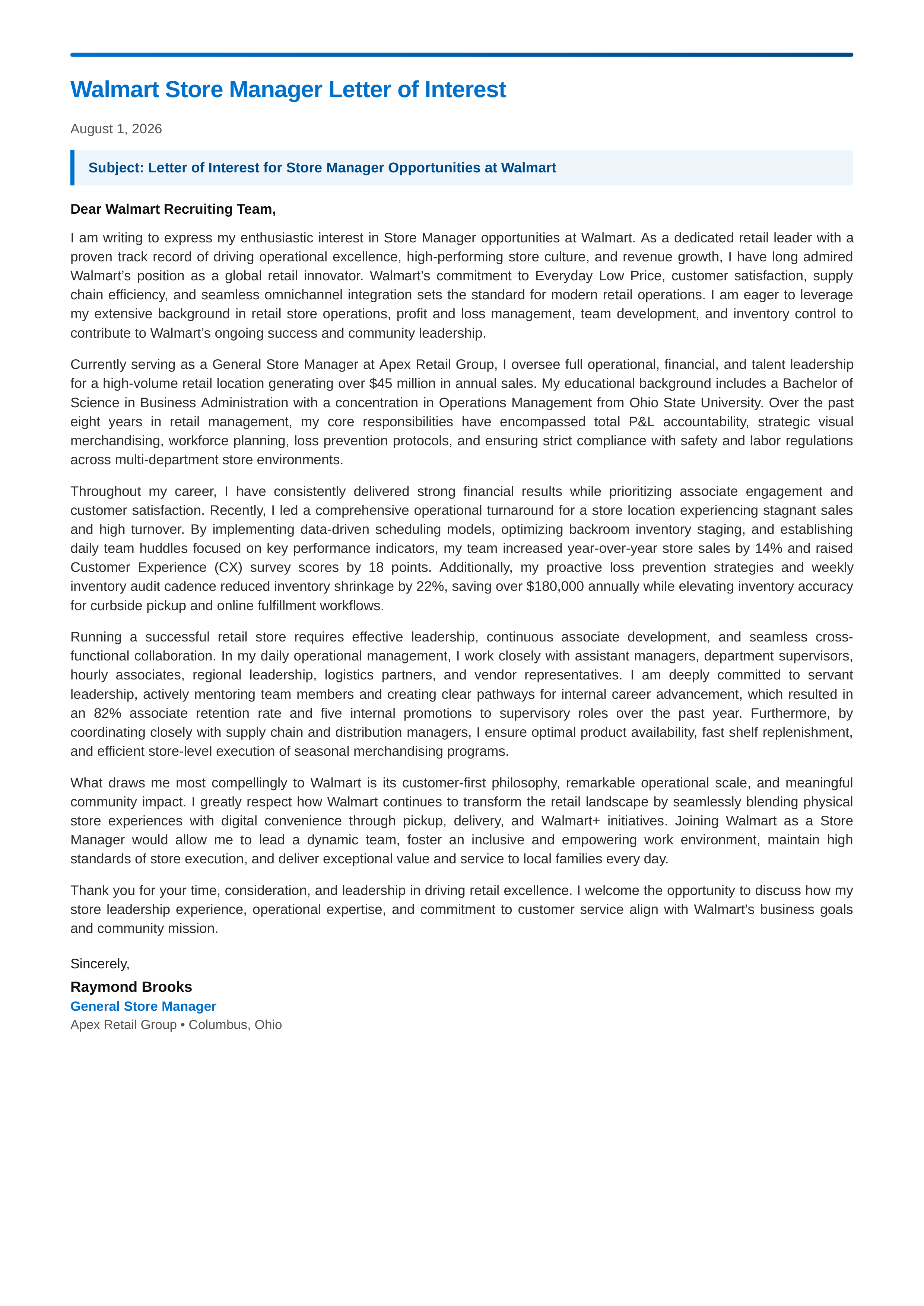 Walmart Store Manager Letter of Interest — page 1