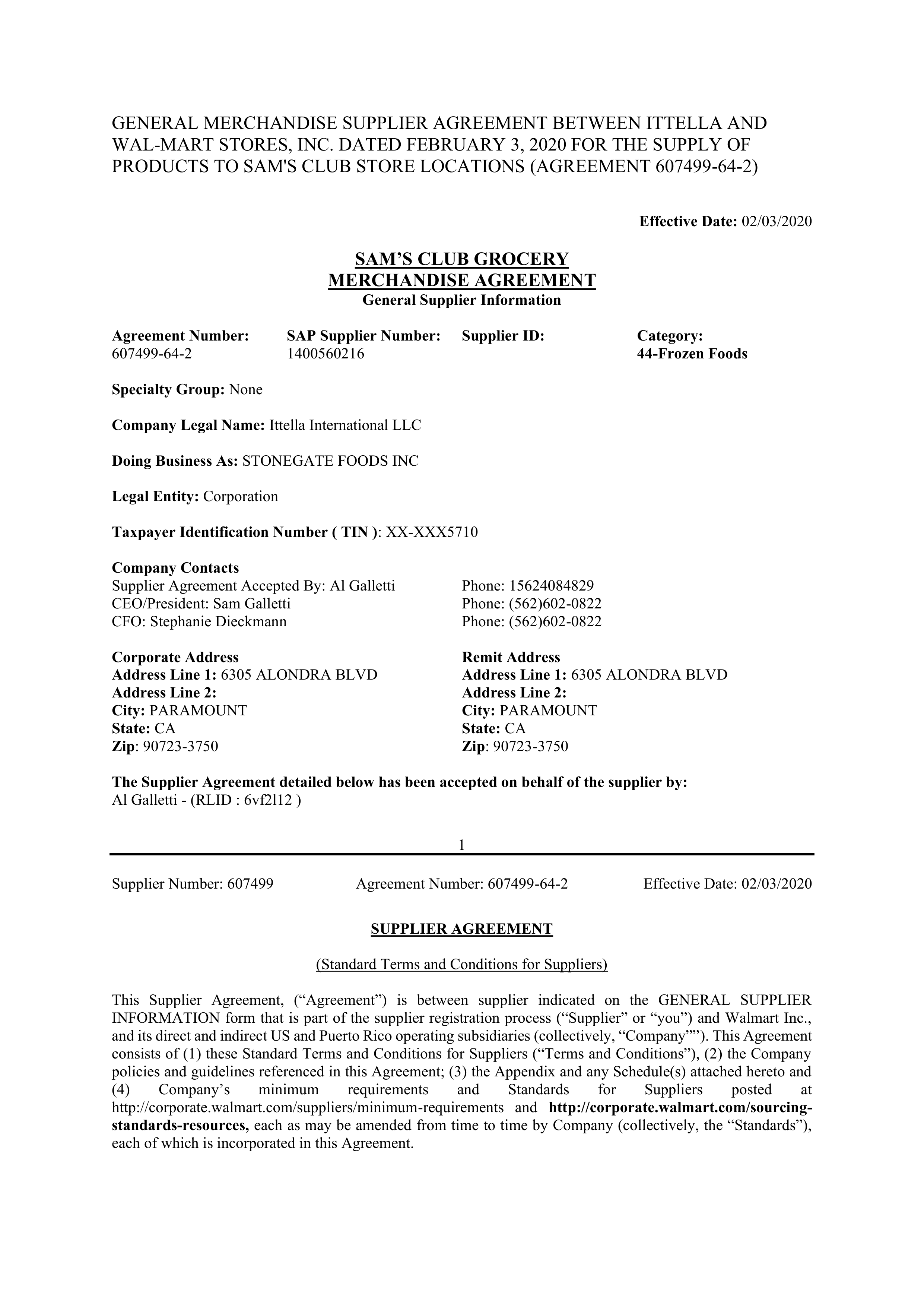 Walmart Supplier Agreement — page 1
