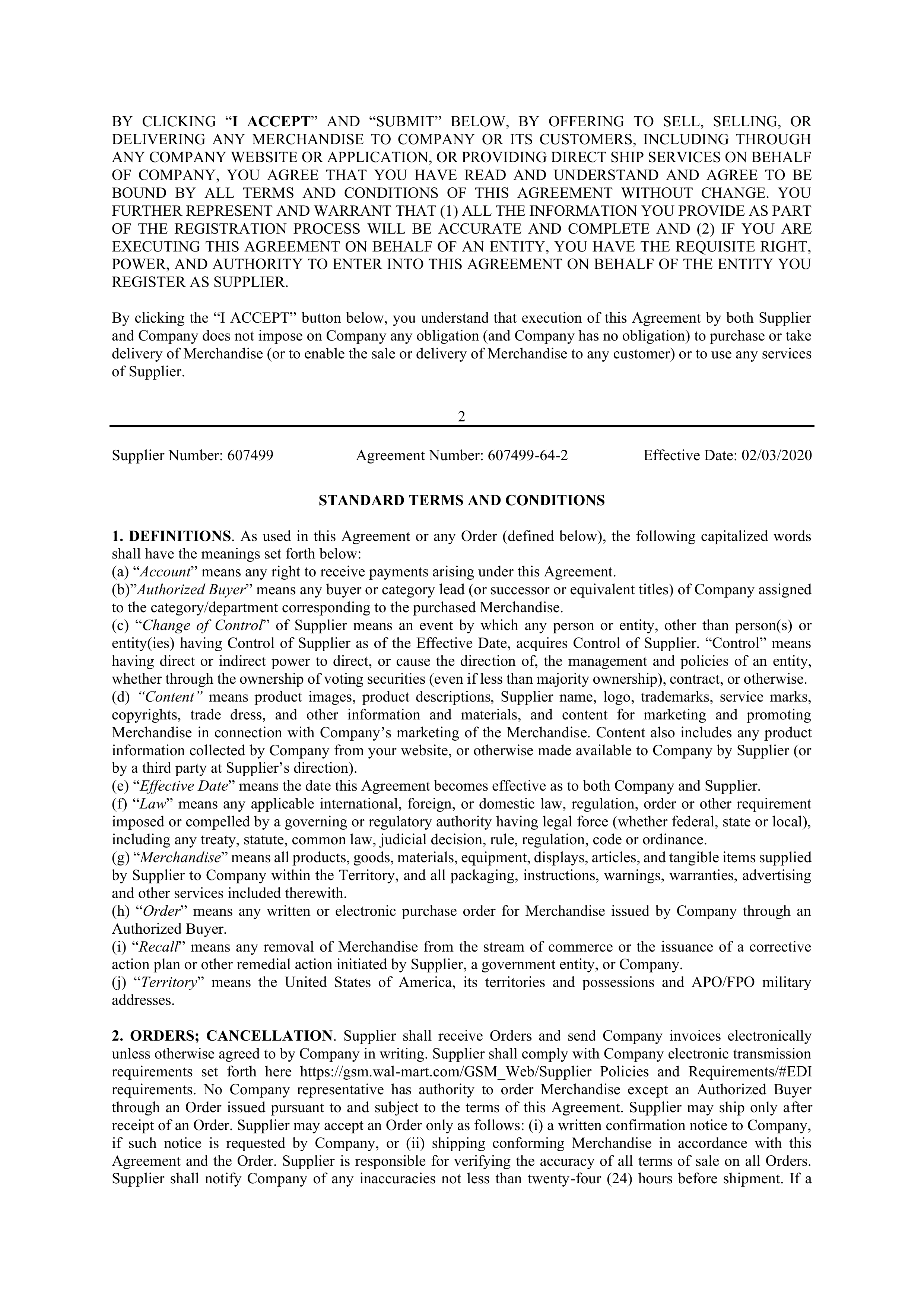 Walmart Supplier Agreement — page 2