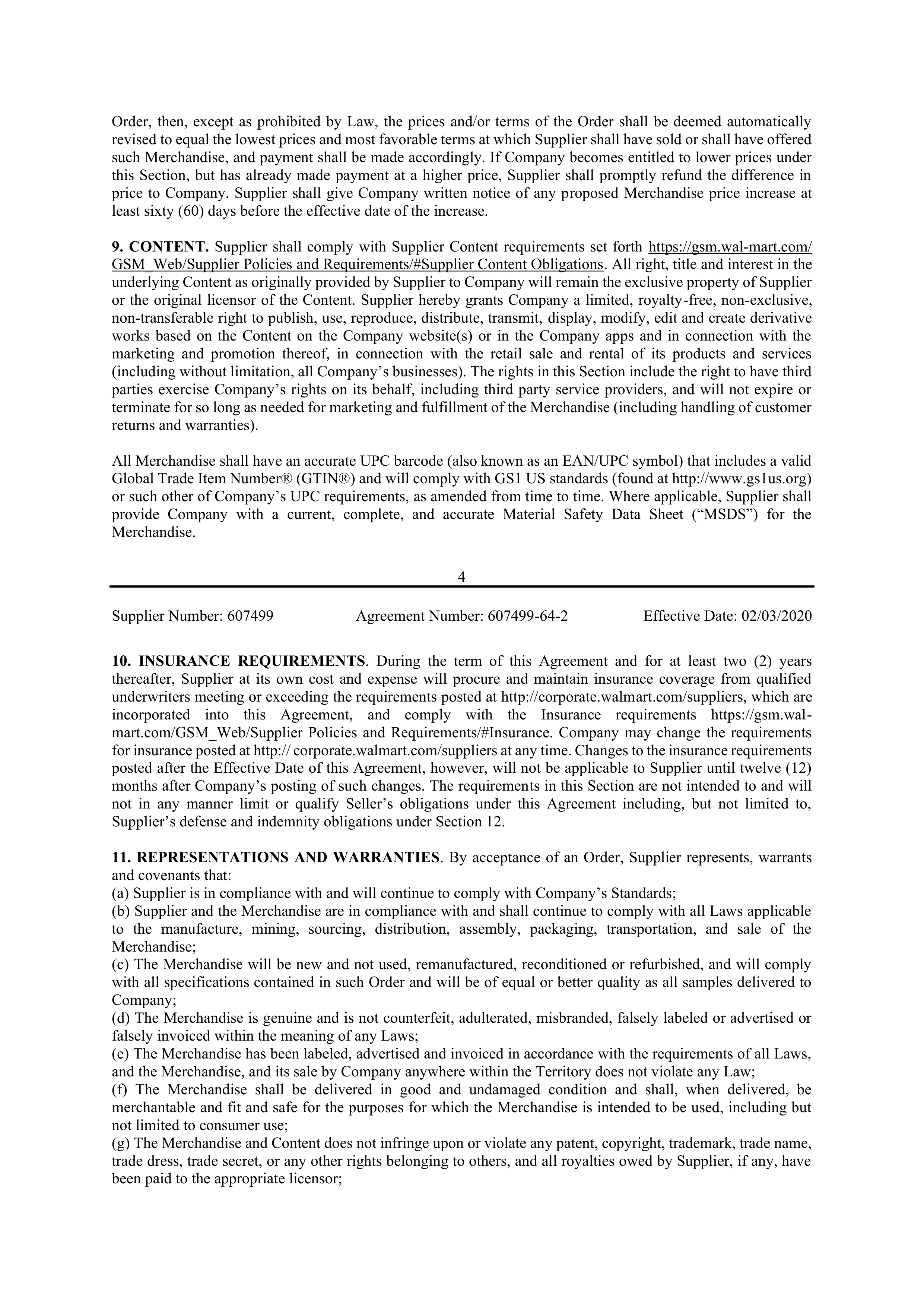 Walmart Supplier Agreement — page 4