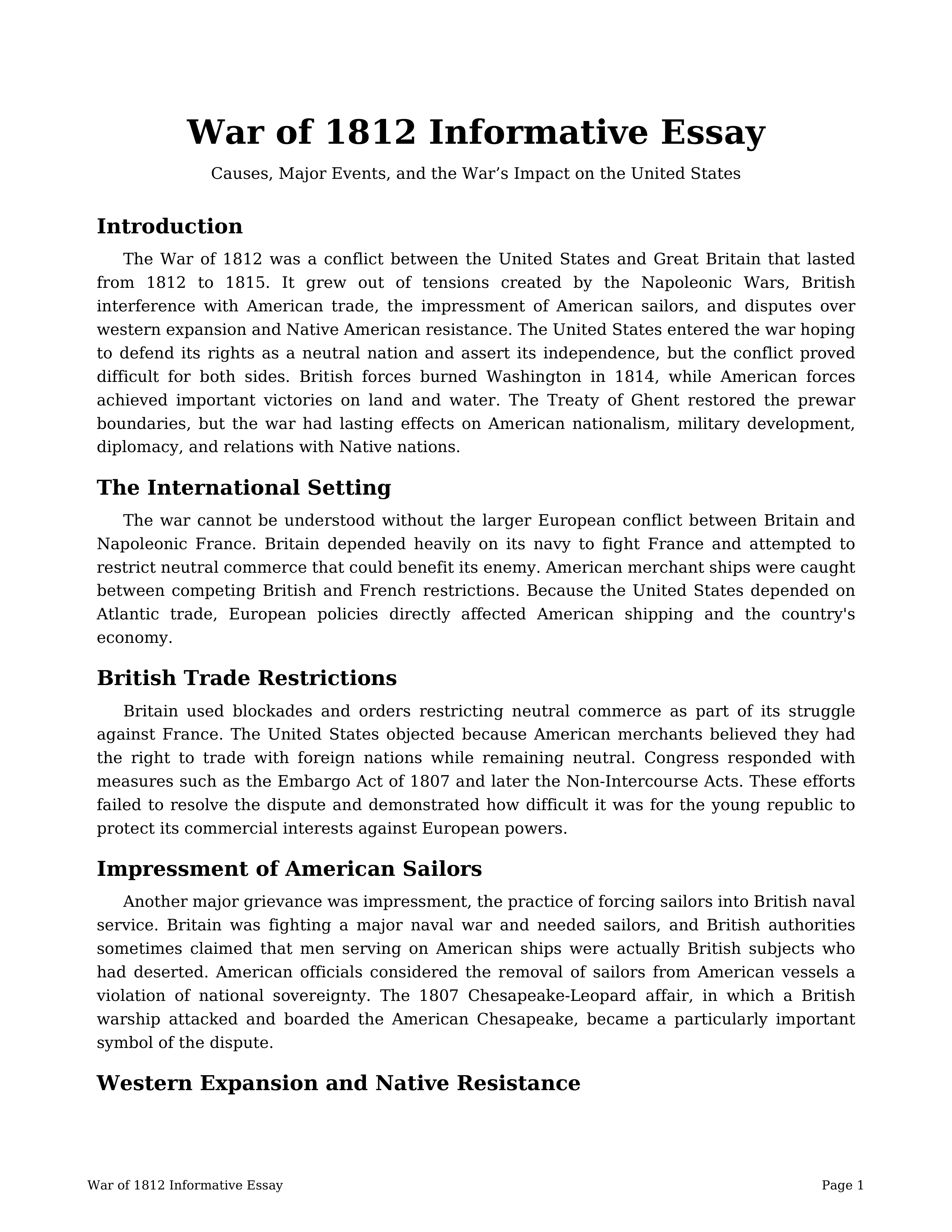 War of 1812 Informative Essay — page 1