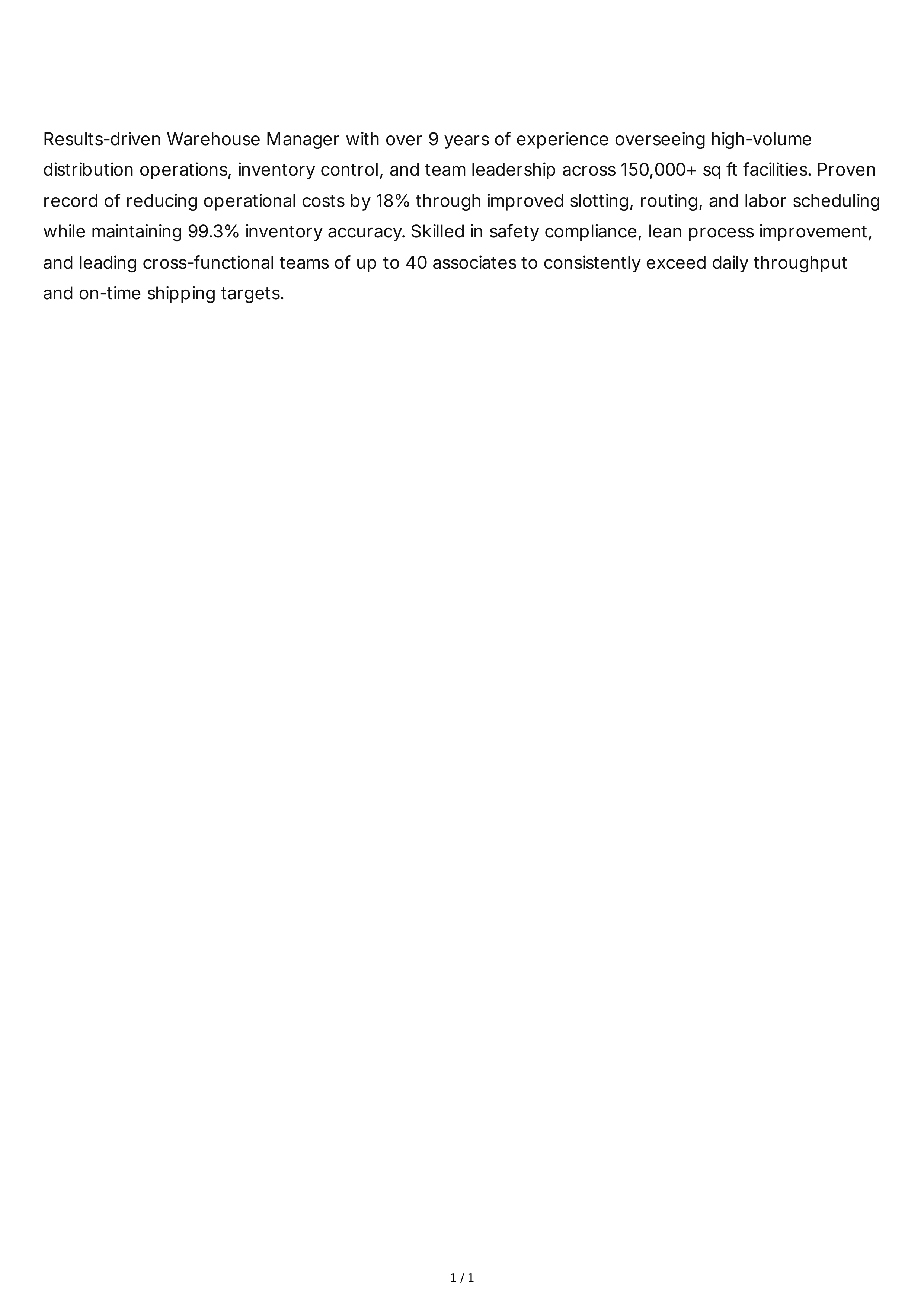 Warehouse Manager Resume Summary — page 1