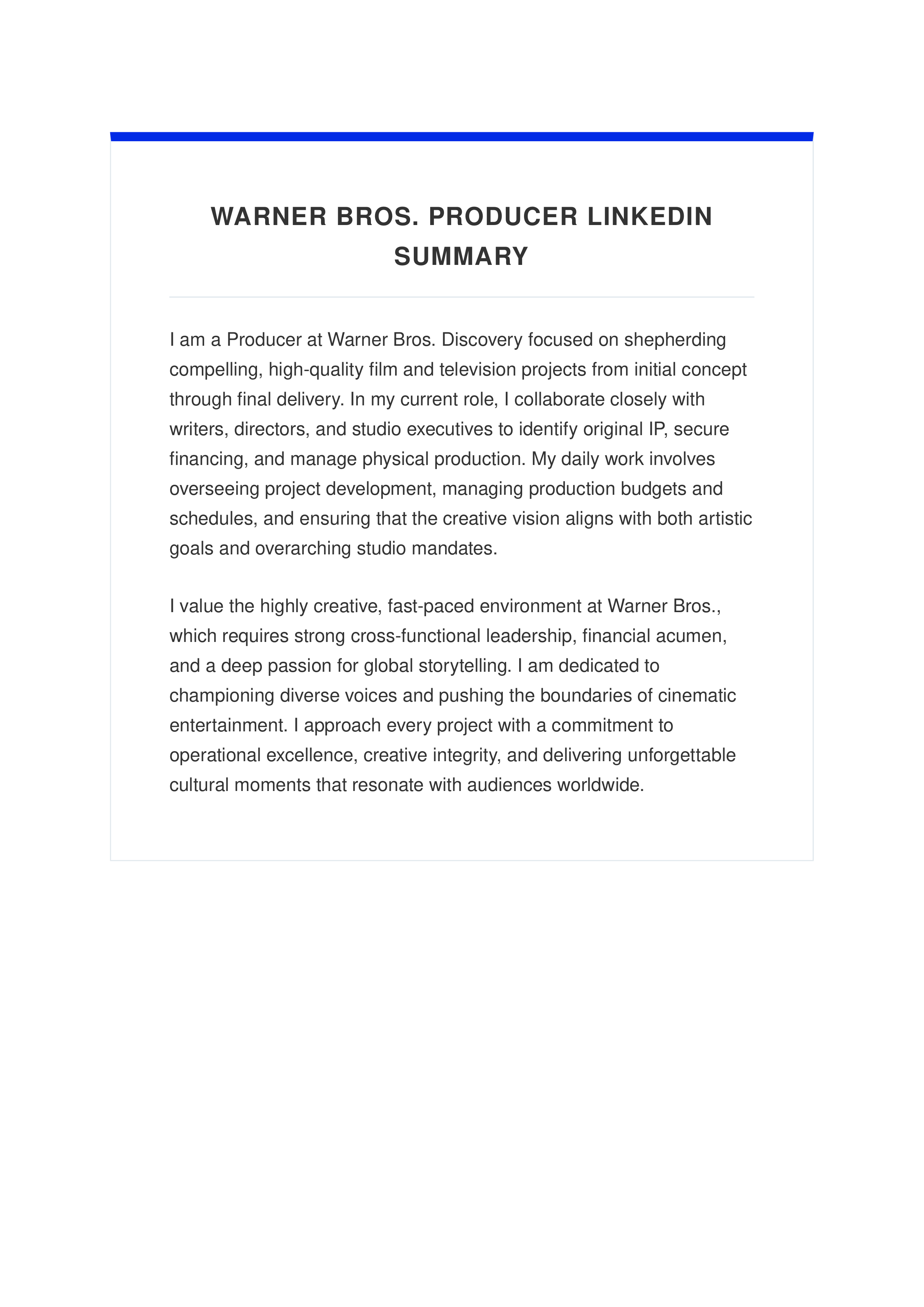 Warner Bros. Producer LinkedIn Summary — page 1
