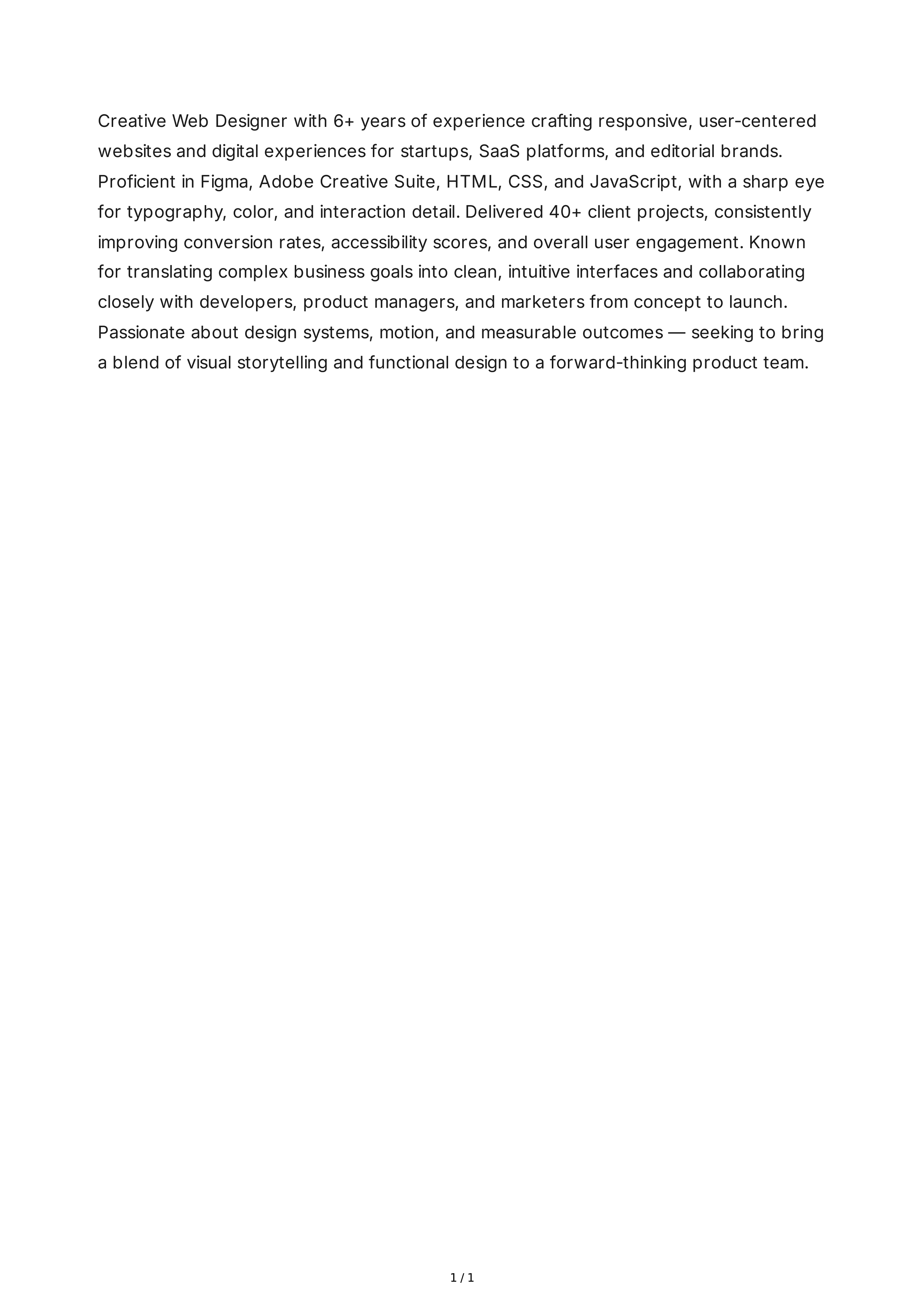 Web Designer Resume Summary — page 1