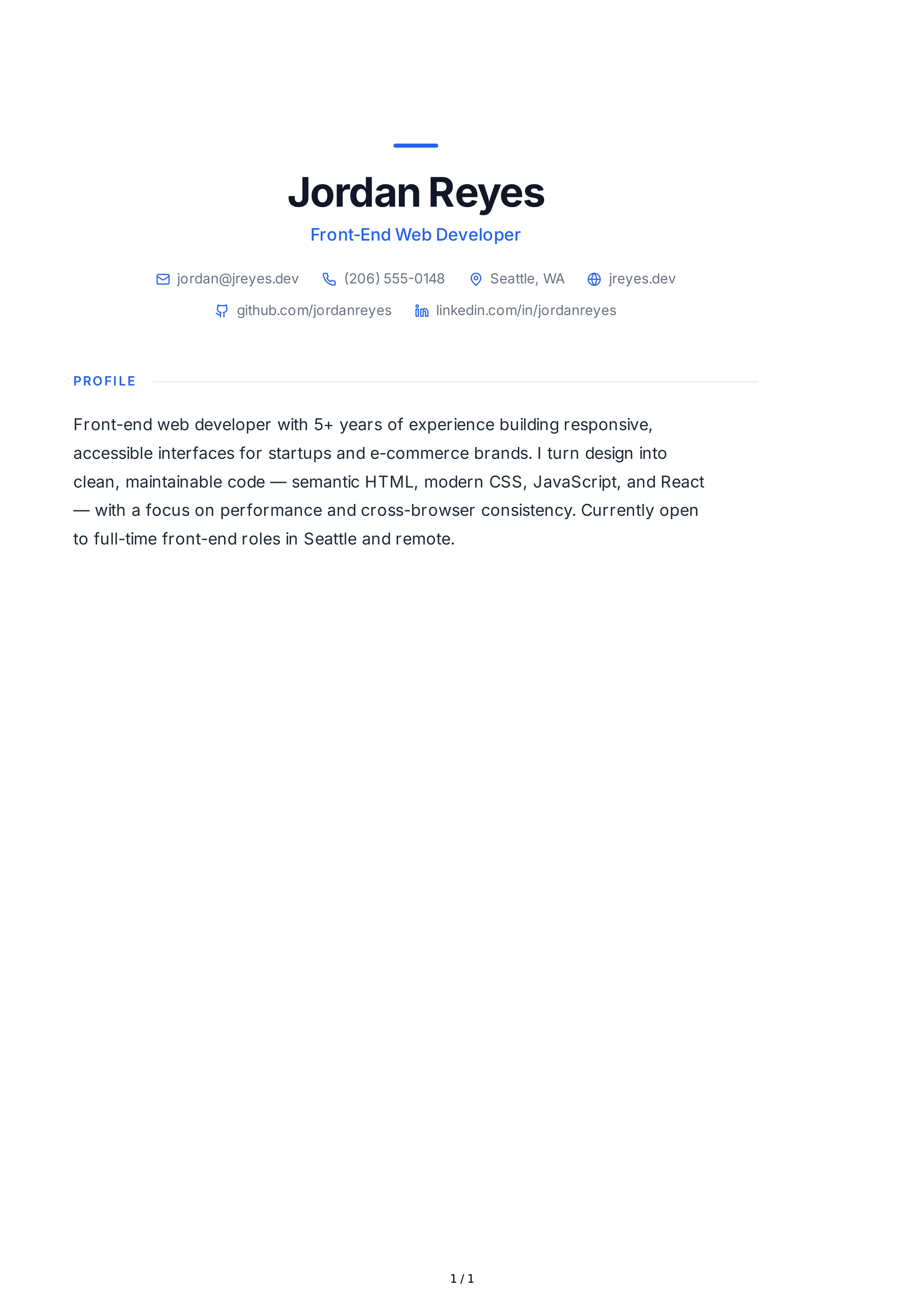 Web Developer Resume Profile — page 1