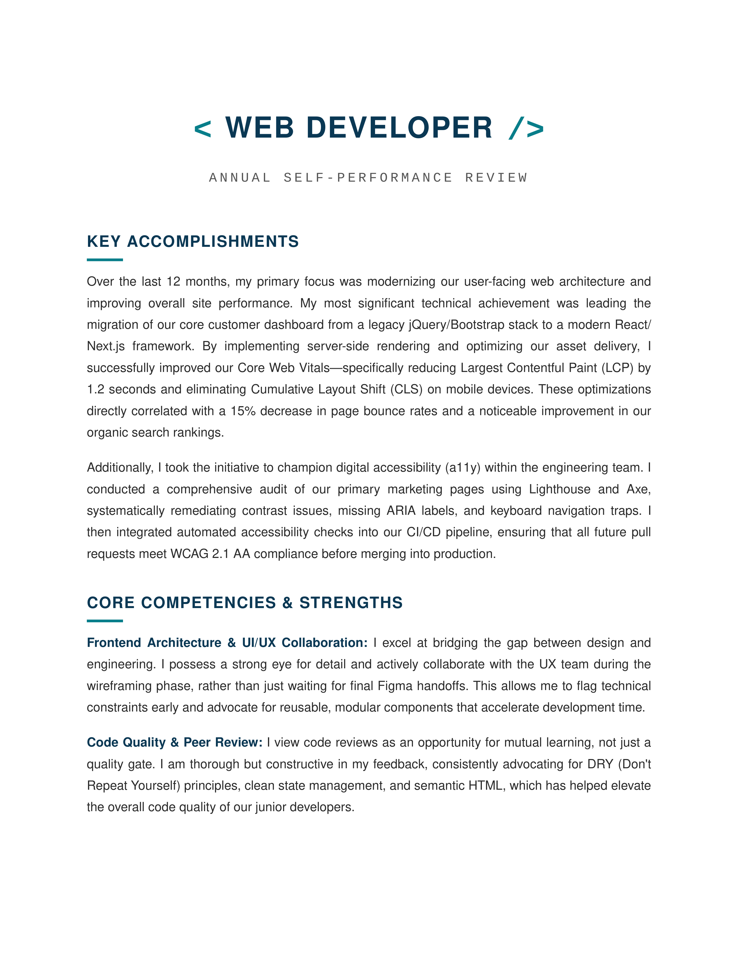 Web Developer Self Performance Review — page 1