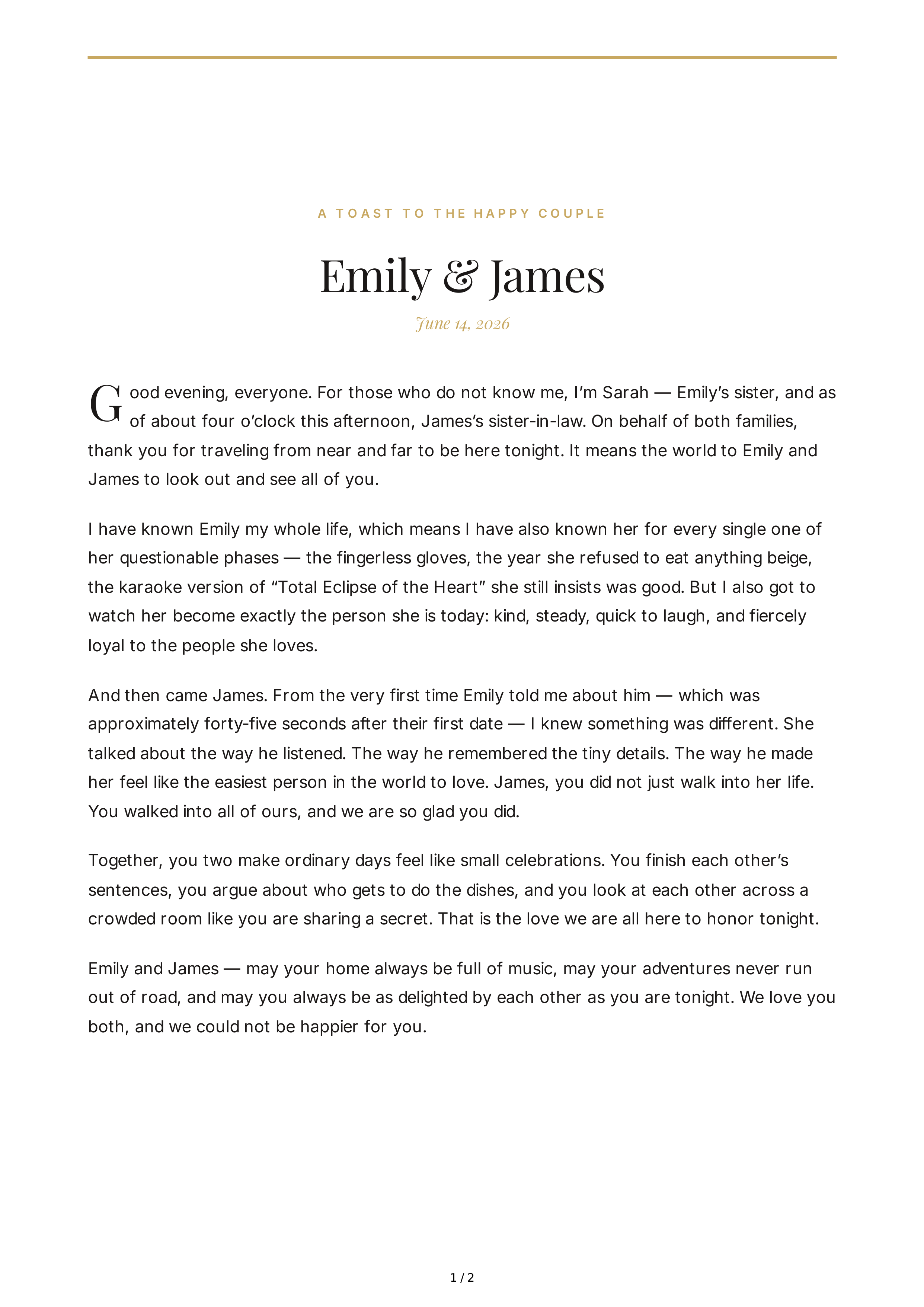 Wedding Reception Toast — page 1