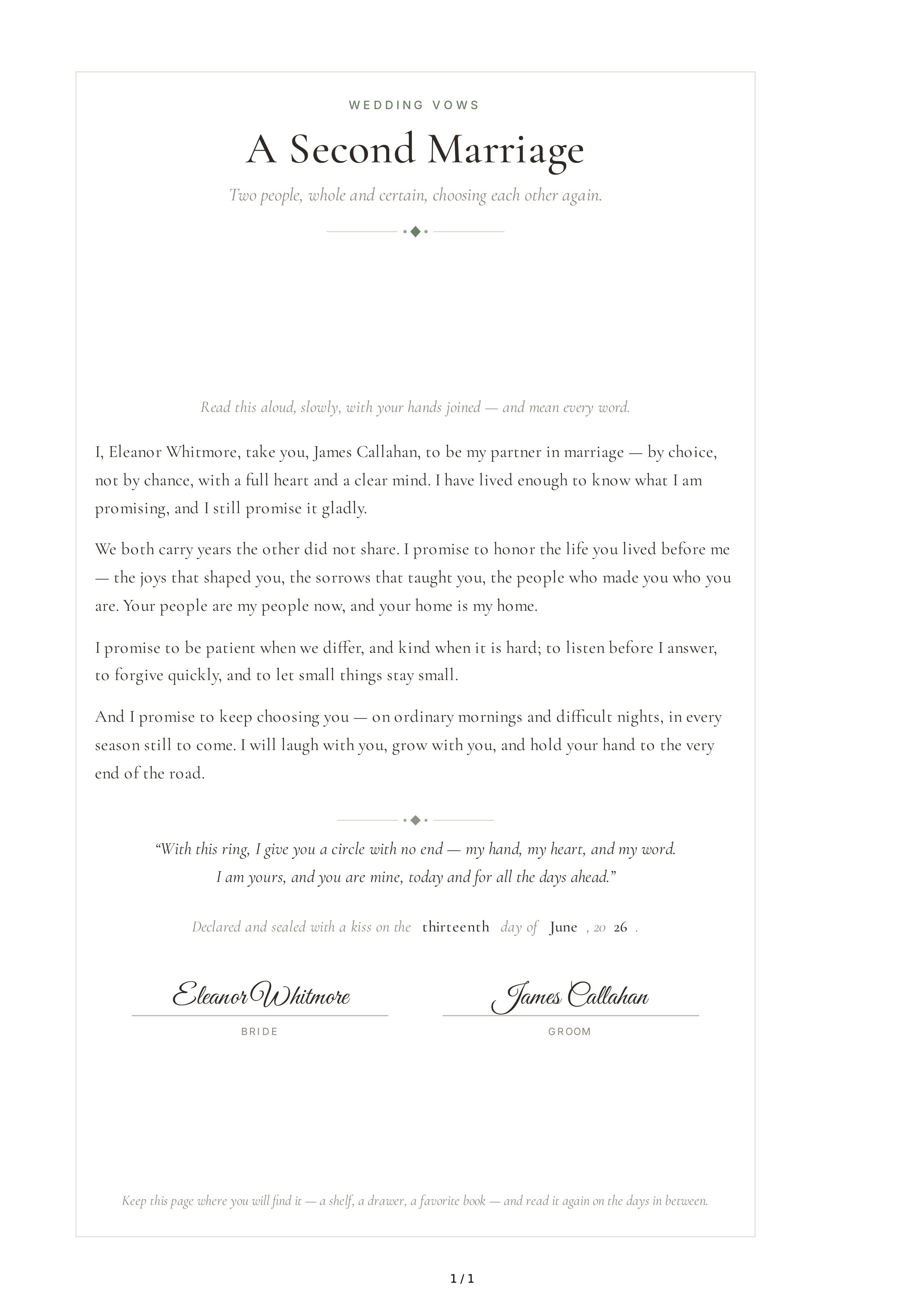 Wedding Vows for a Second Marriage — page 1