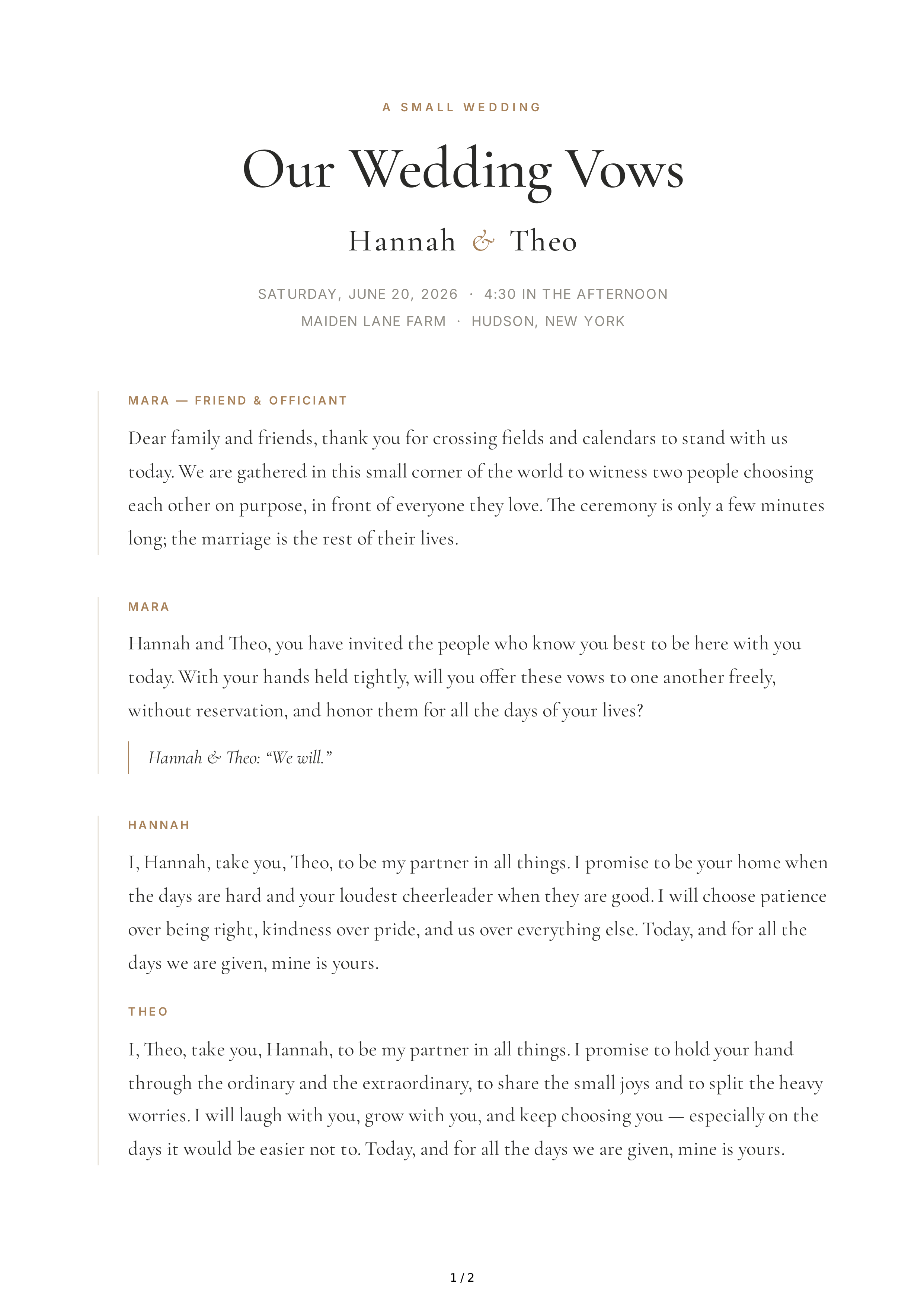 Wedding Vows for a Small Wedding — page 1
