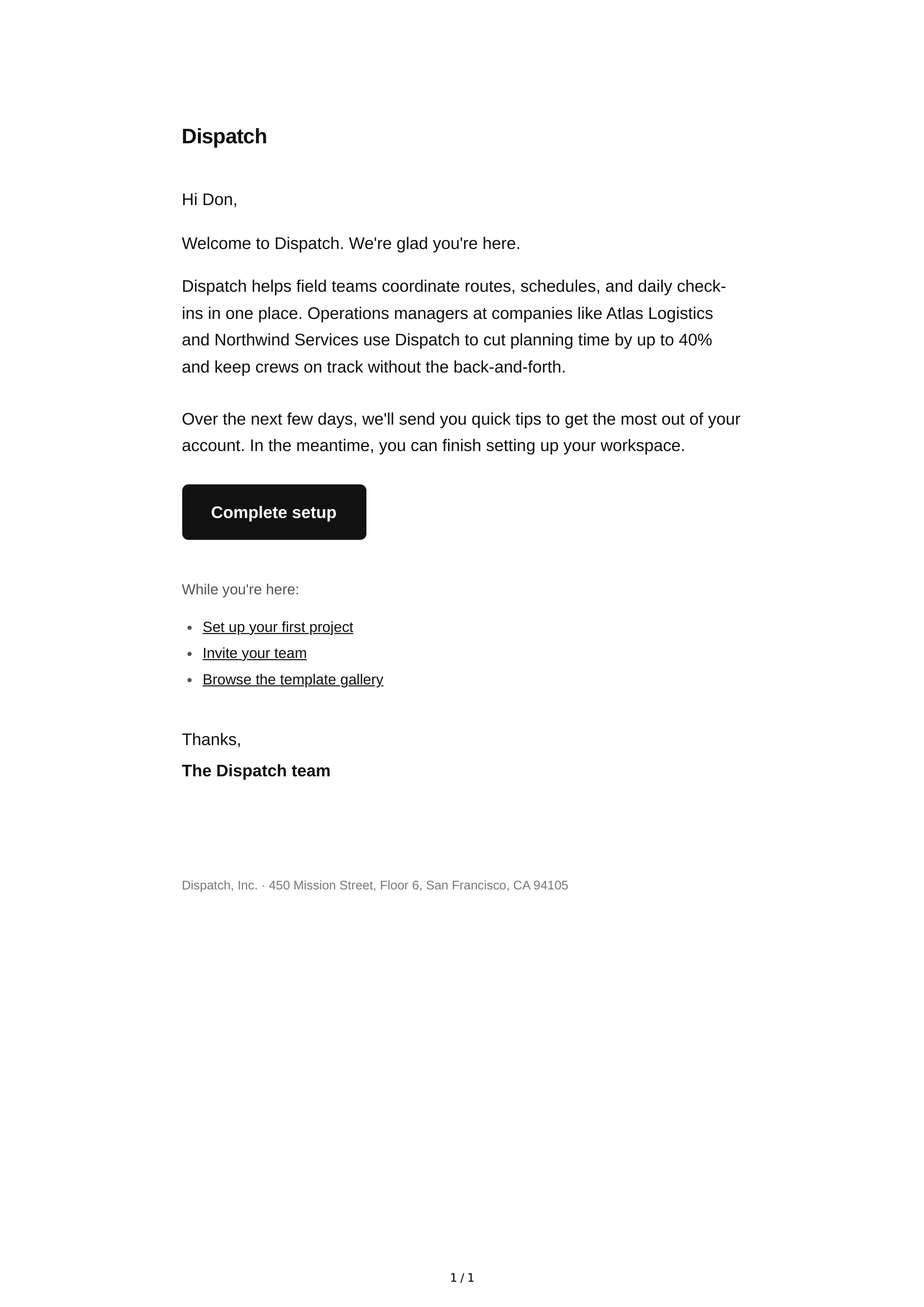 Welcome Email — page 1
