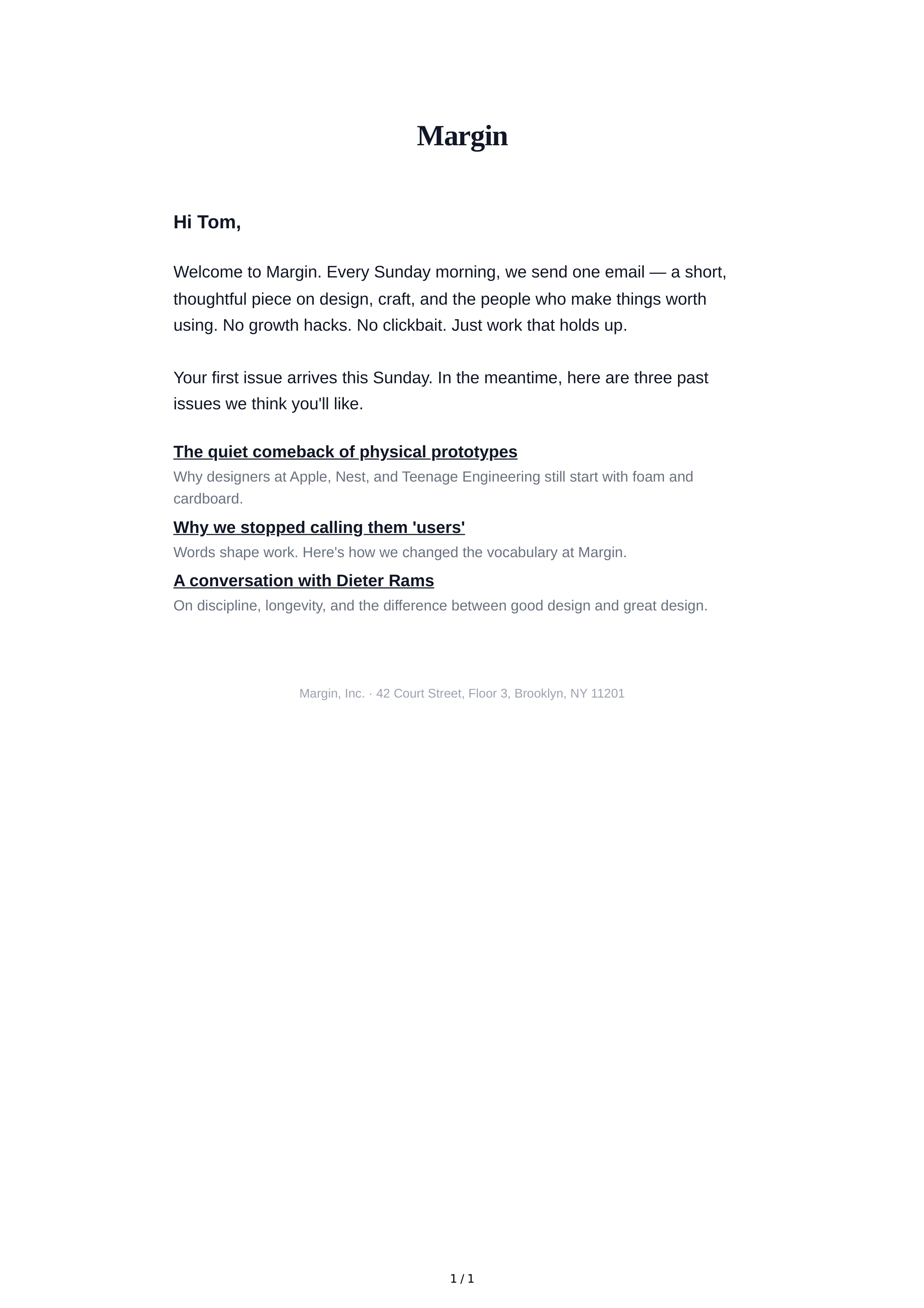 Welcome Newsletter Email — page 1