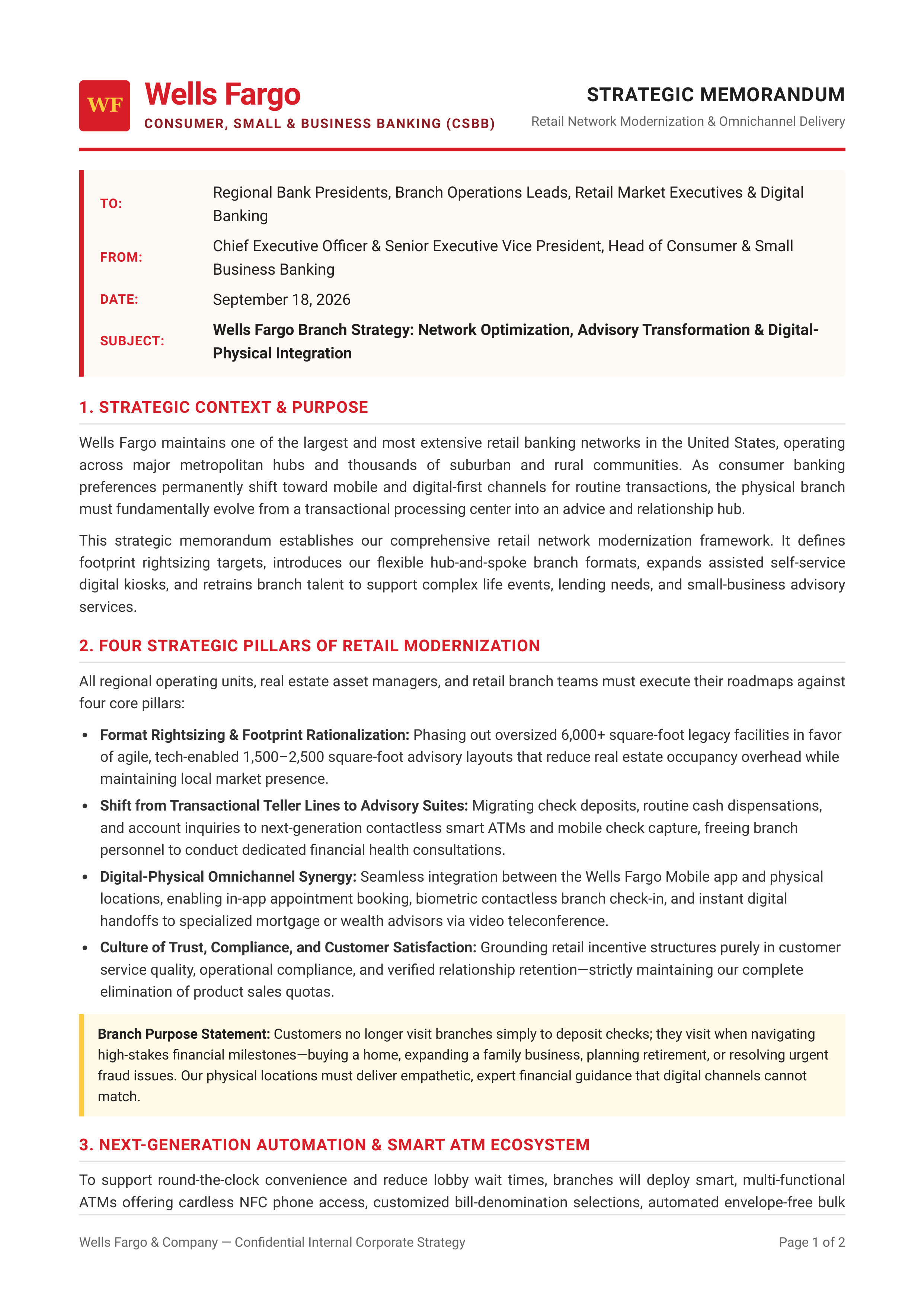 Wells Fargo Branch Strategy Memo — page 1