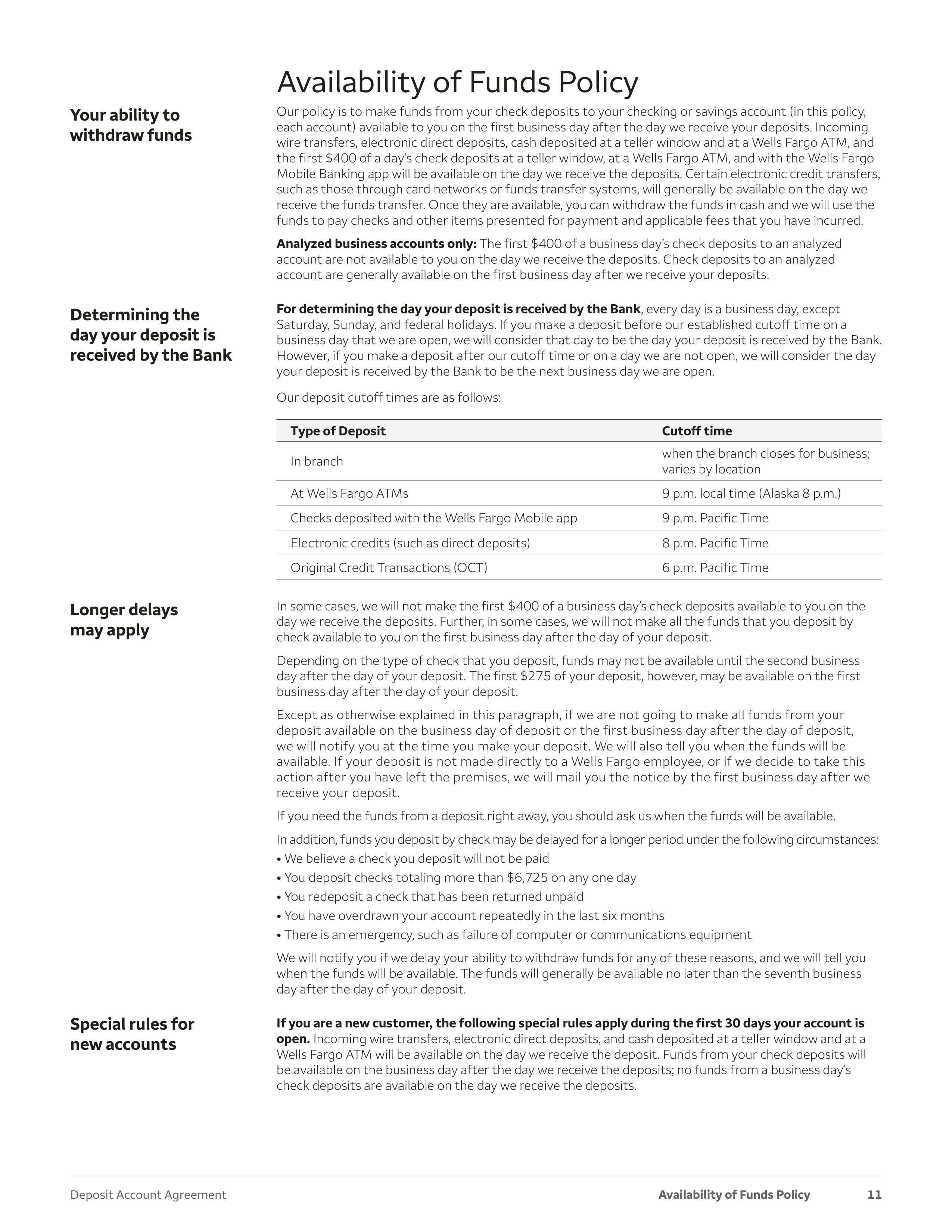 Wells Fargo & Company Deposit Account Agreement — page 11