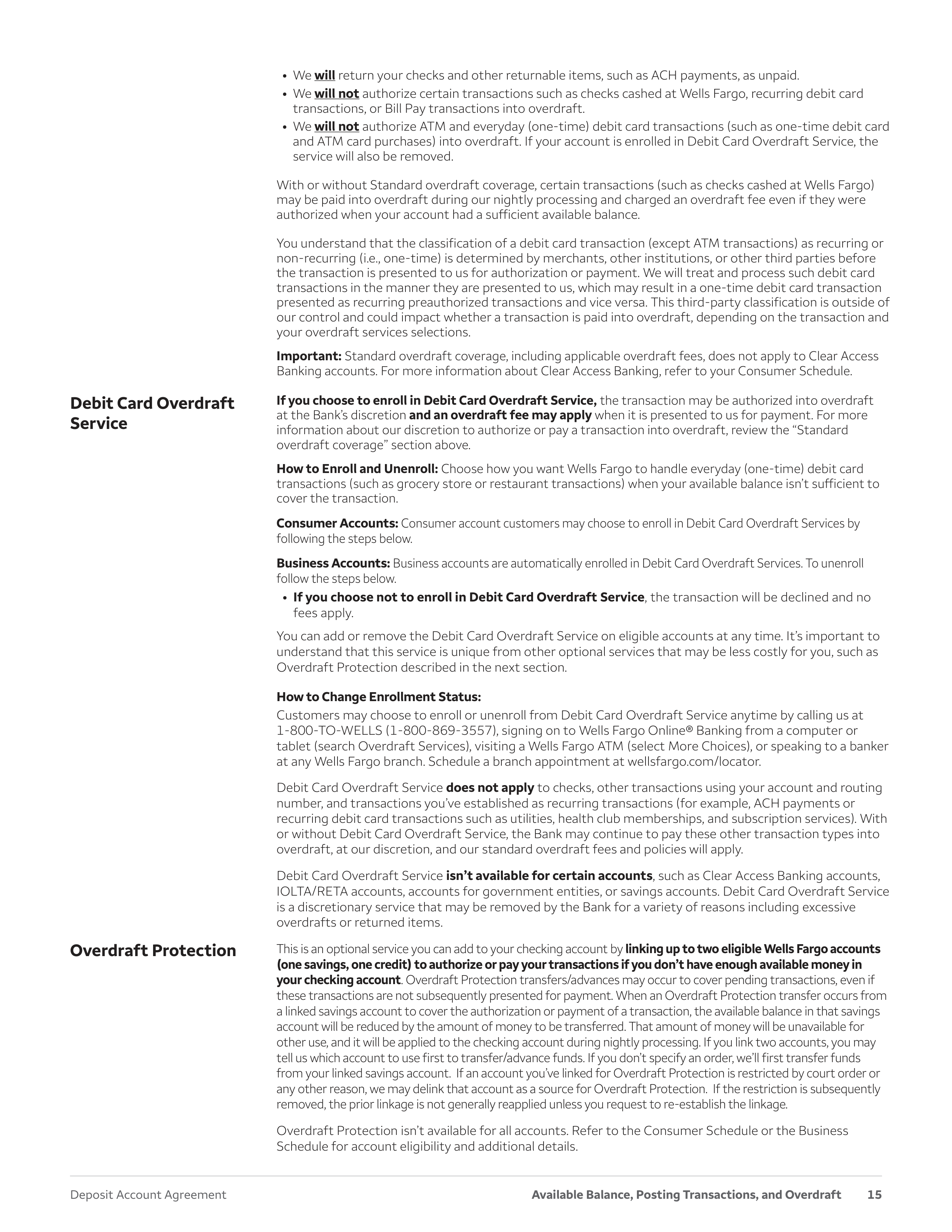 Wells Fargo & Company Deposit Account Agreement — page 15