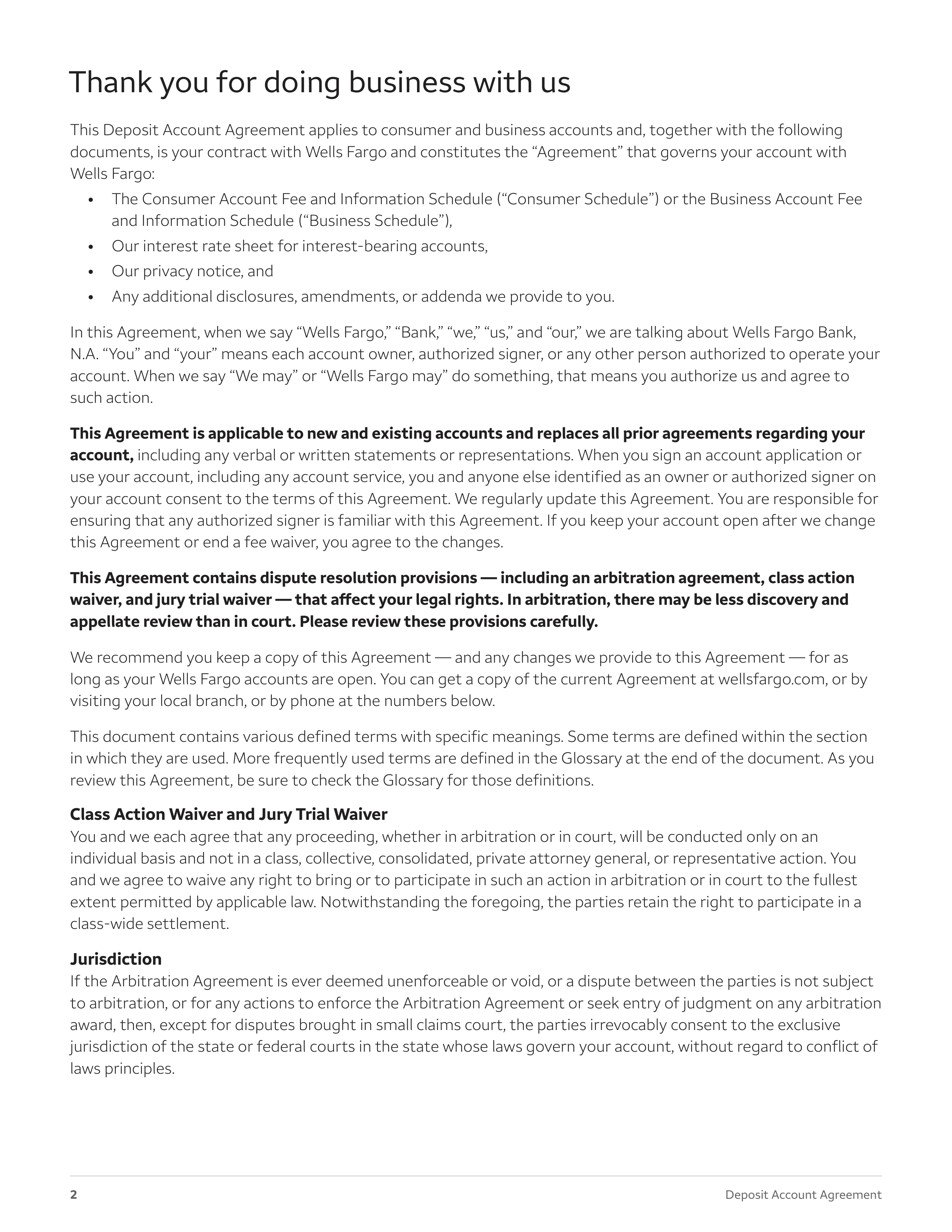 Wells Fargo & Company Deposit Account Agreement — page 2