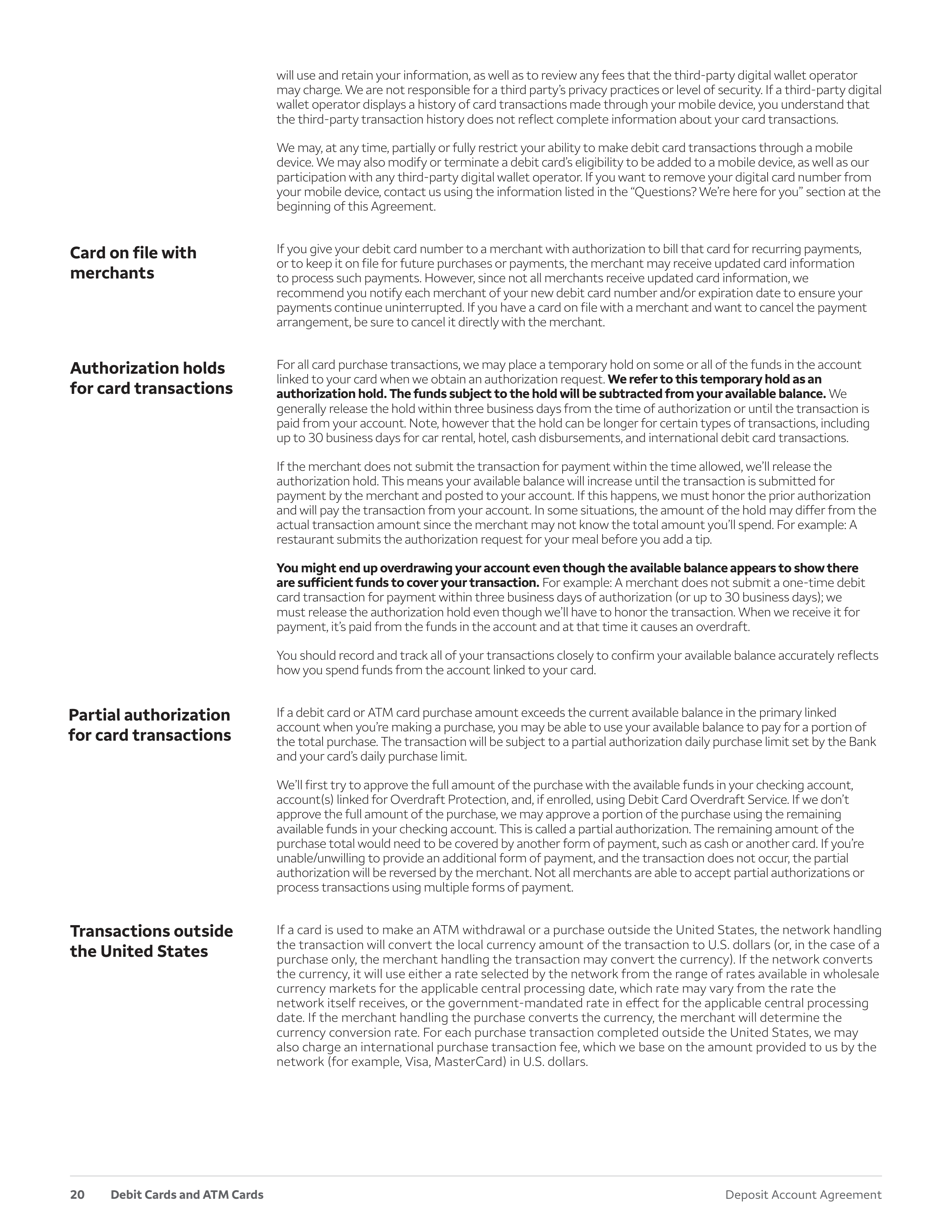 Wells Fargo & Company Deposit Account Agreement — page 20