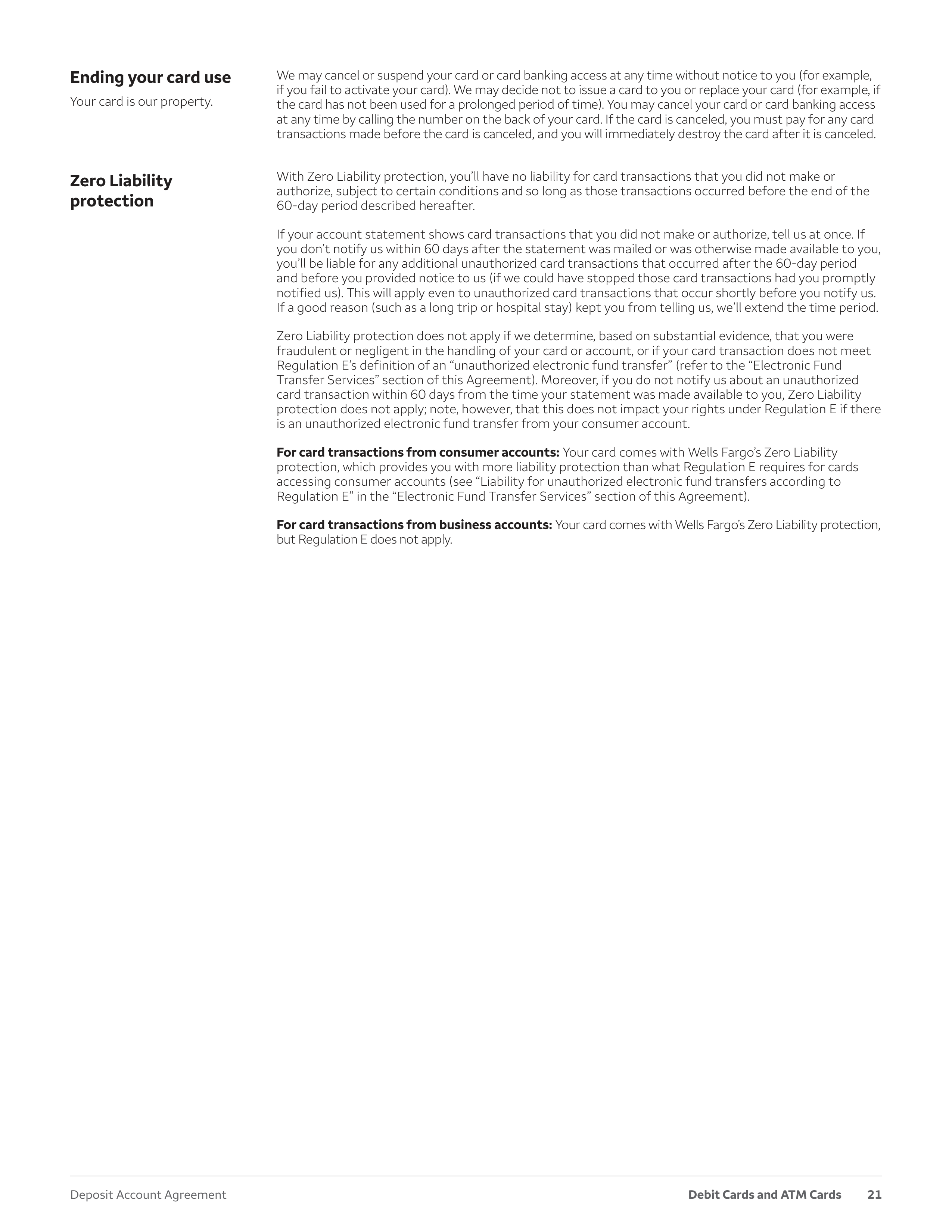 Wells Fargo & Company Deposit Account Agreement — page 21