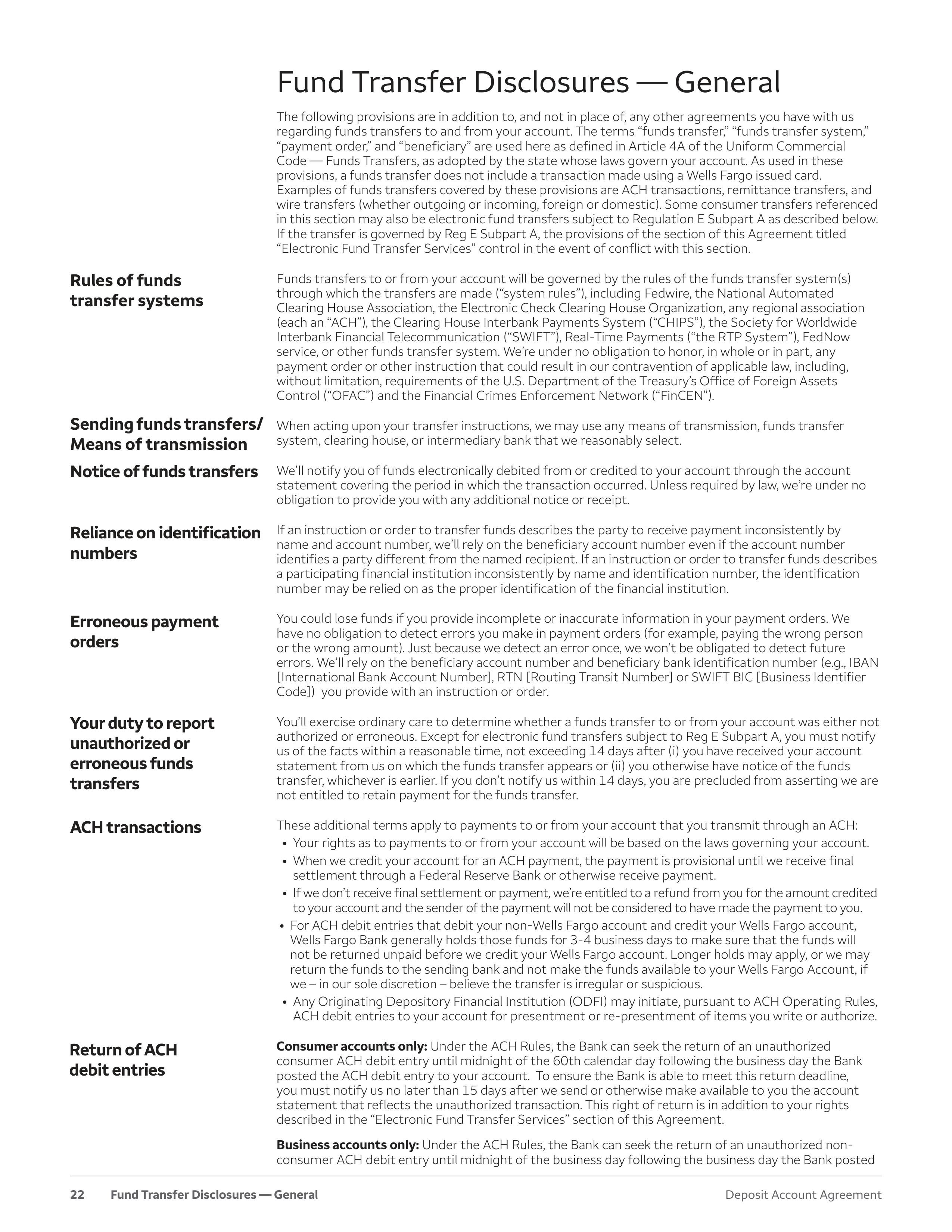 Wells Fargo & Company Deposit Account Agreement — page 22