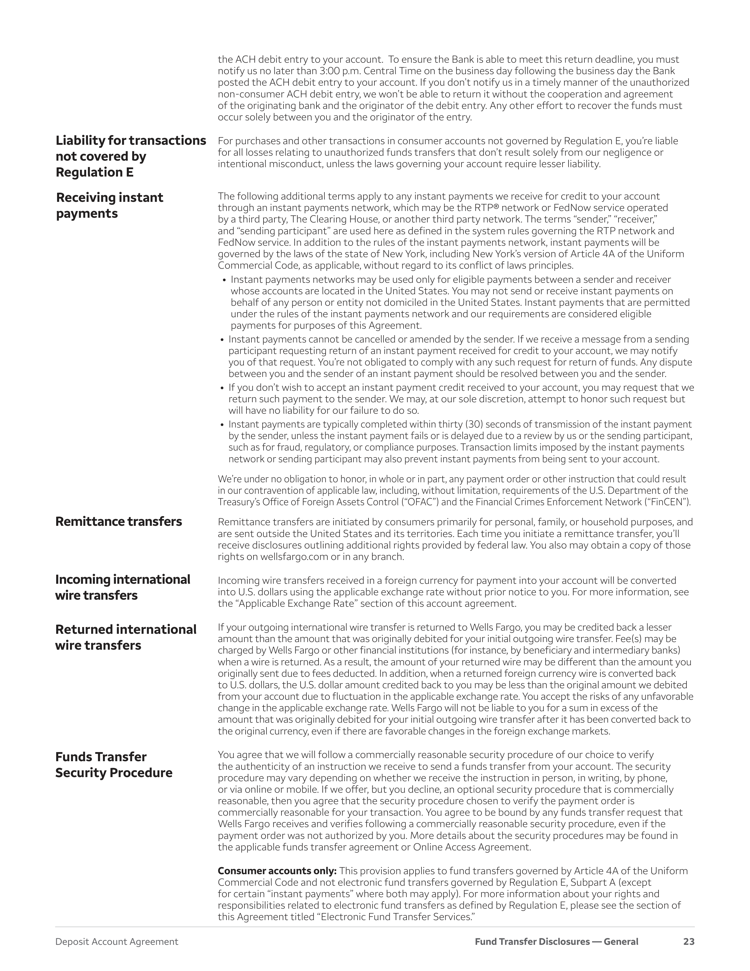 Wells Fargo & Company Deposit Account Agreement — page 23