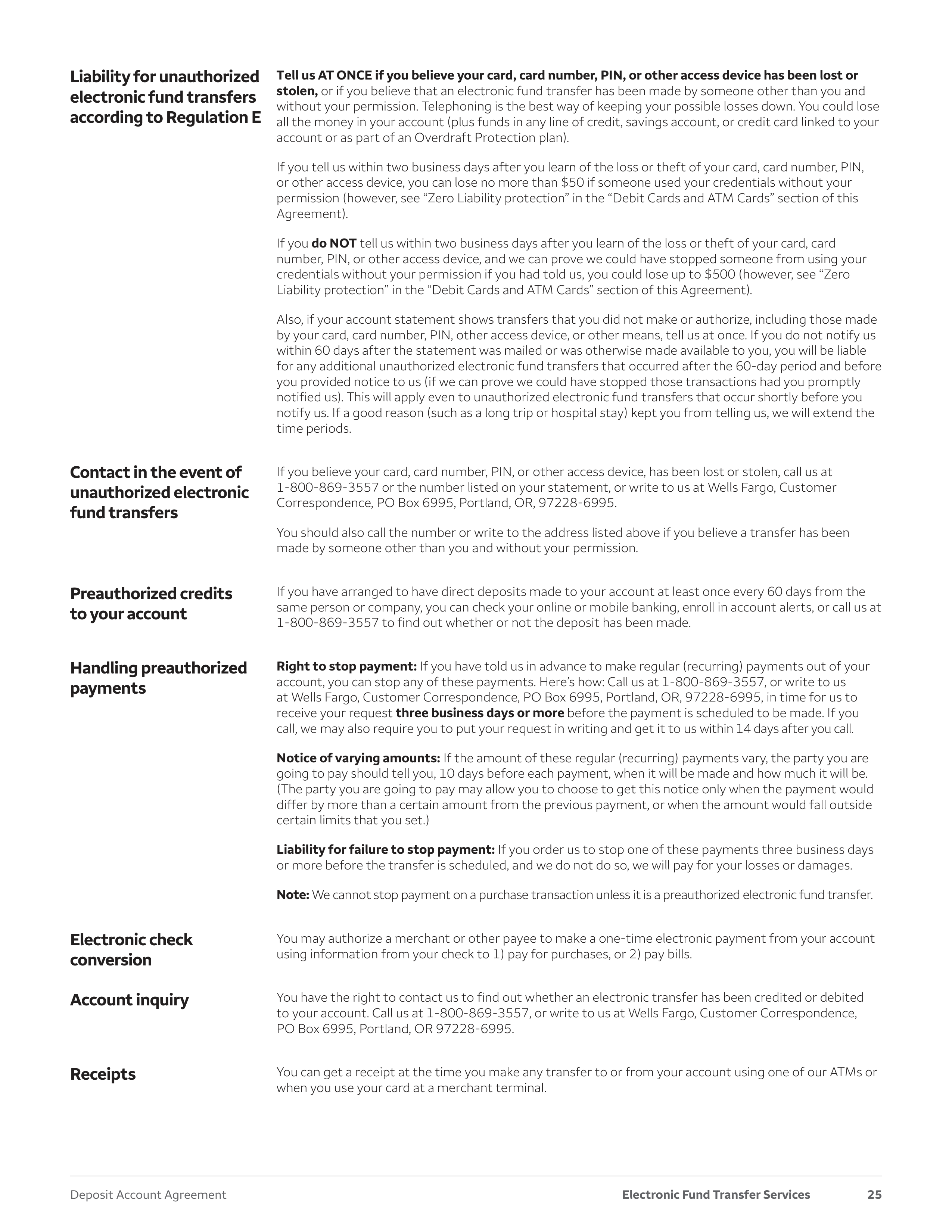 Wells Fargo & Company Deposit Account Agreement — page 25