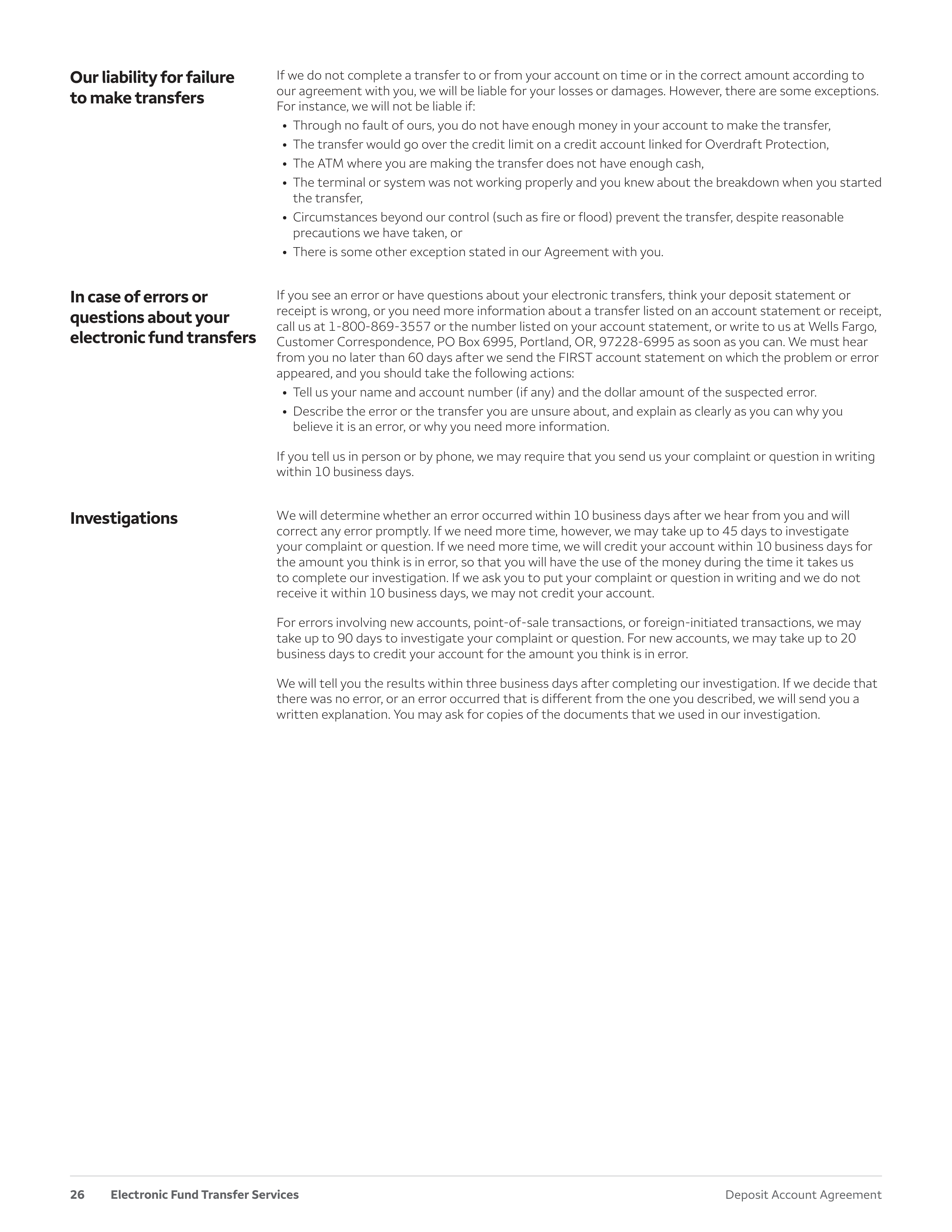 Wells Fargo & Company Deposit Account Agreement — page 26