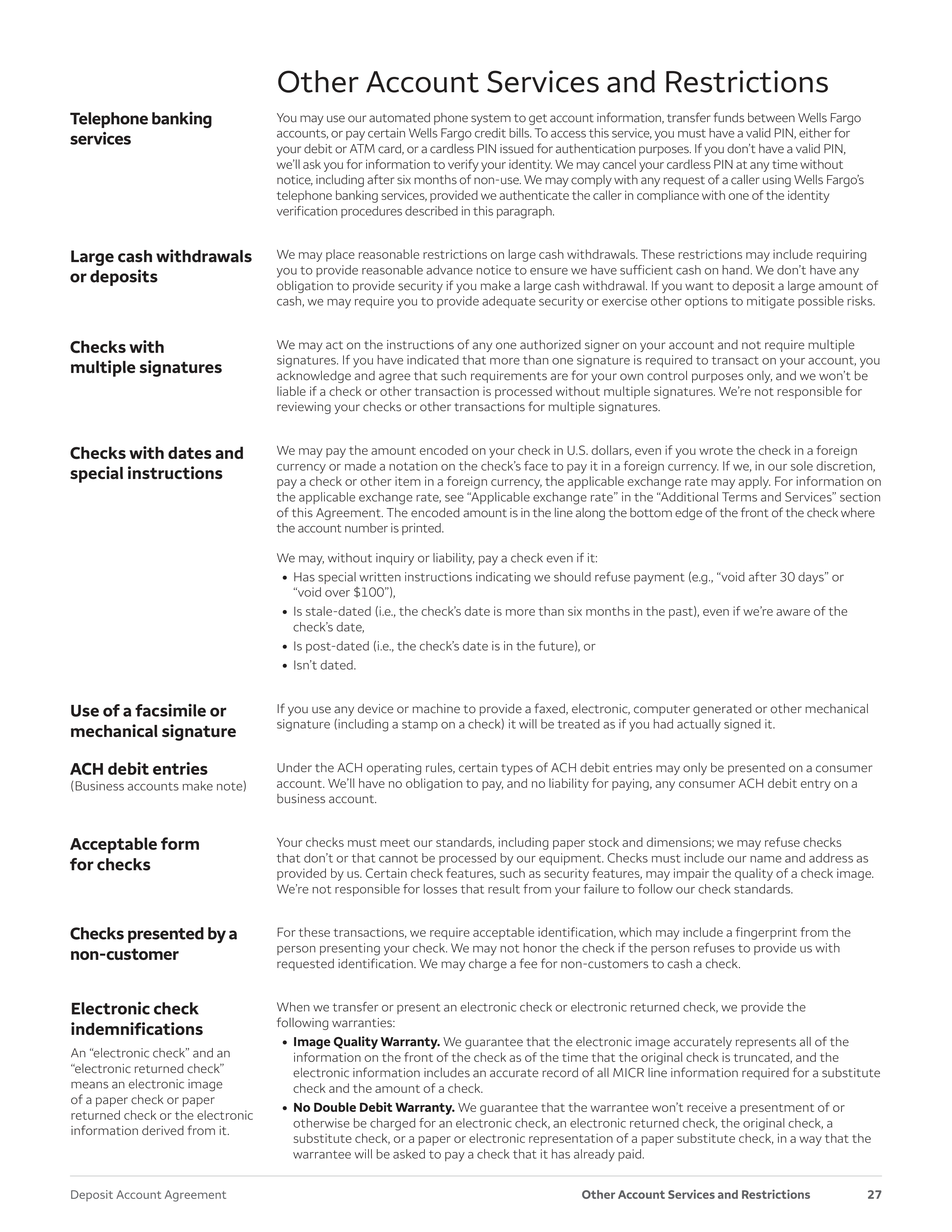 Wells Fargo & Company Deposit Account Agreement — page 27