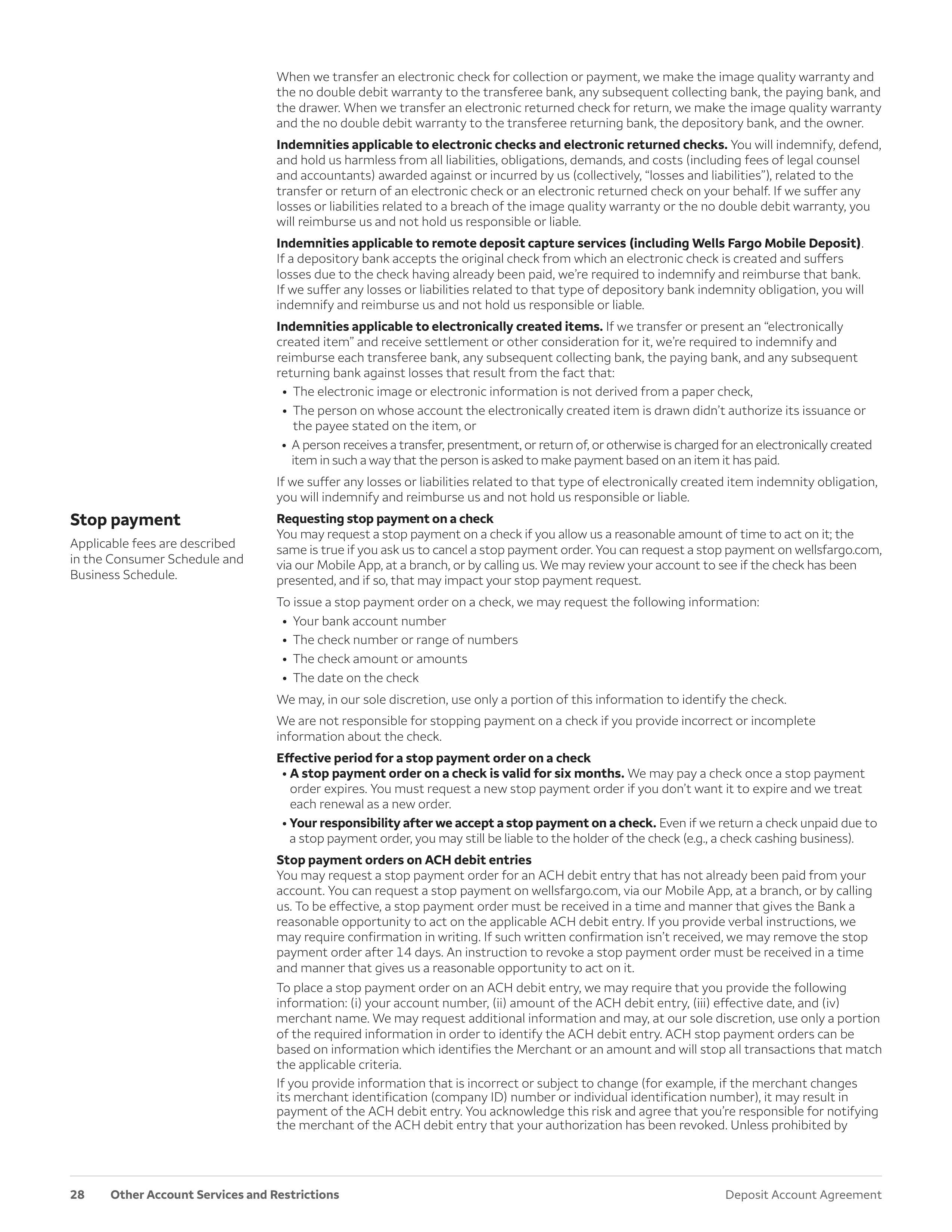 Wells Fargo & Company Deposit Account Agreement — page 28