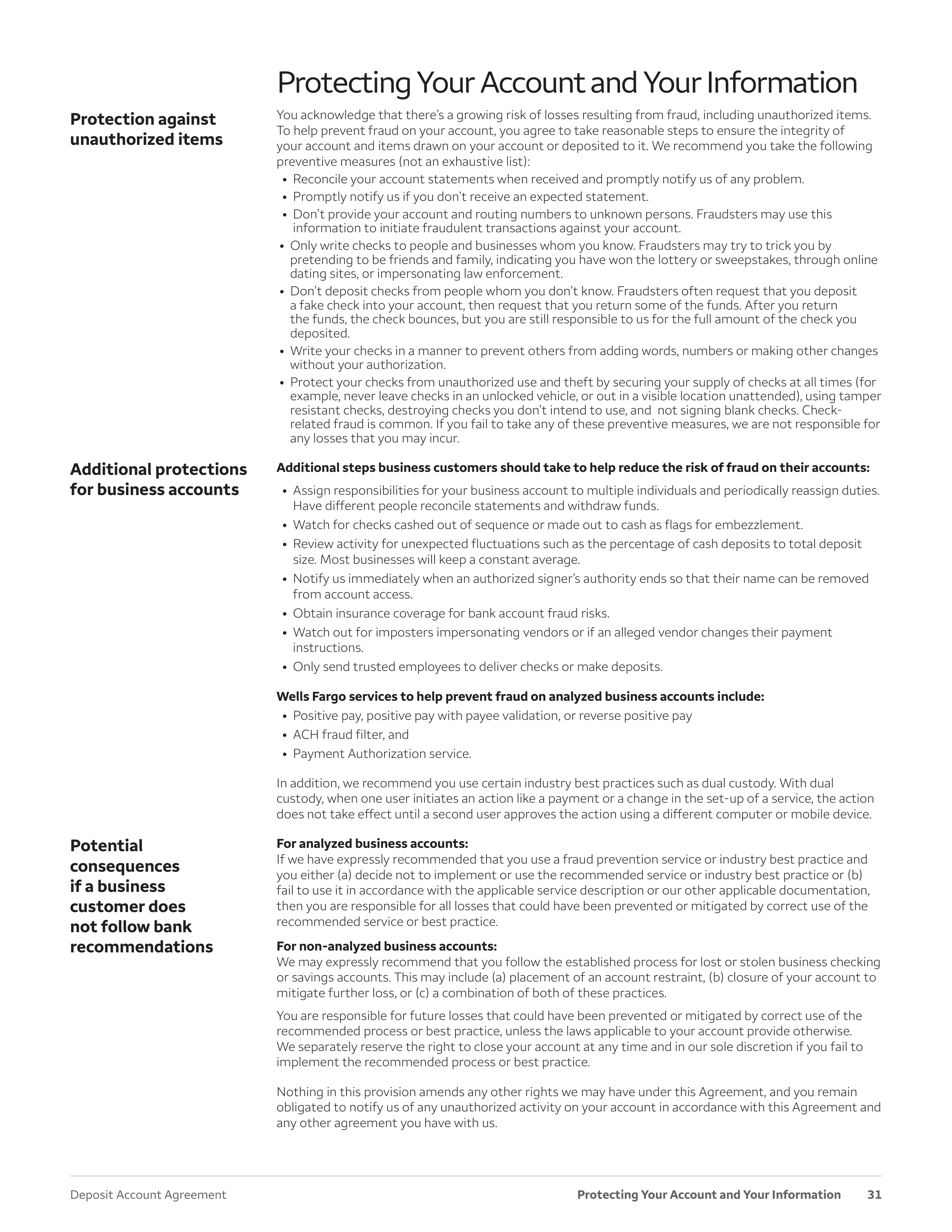 Wells Fargo & Company Deposit Account Agreement — page 31