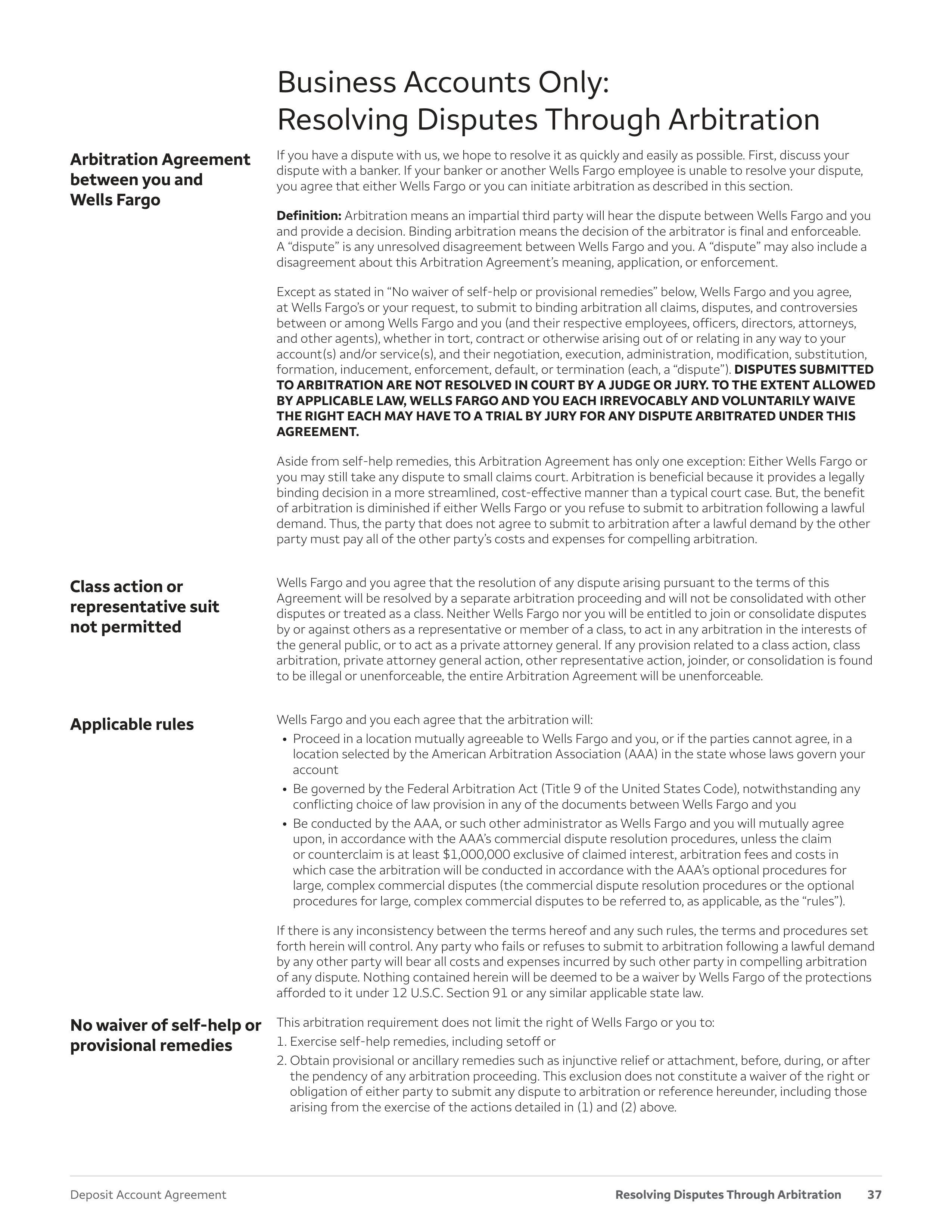 Wells Fargo & Company Deposit Account Agreement — page 37