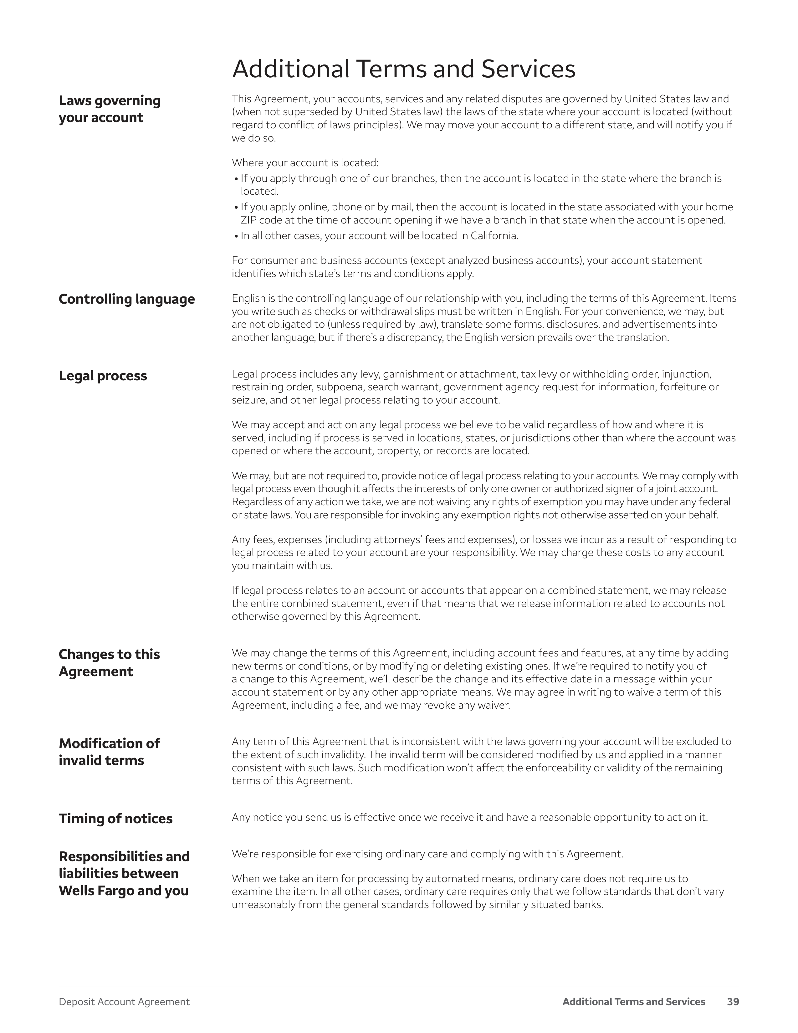 Wells Fargo & Company Deposit Account Agreement — page 39