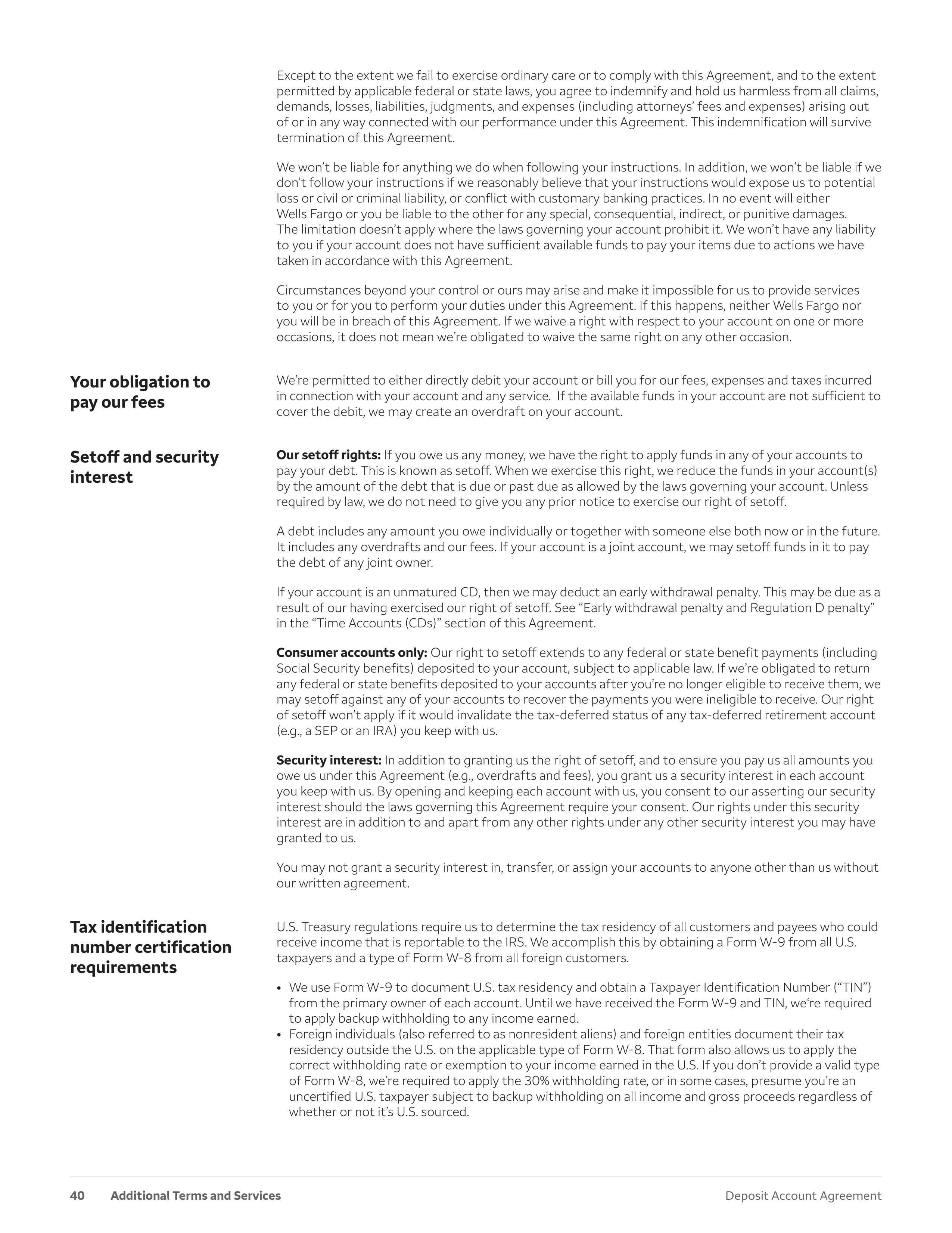 Wells Fargo & Company Deposit Account Agreement — page 40