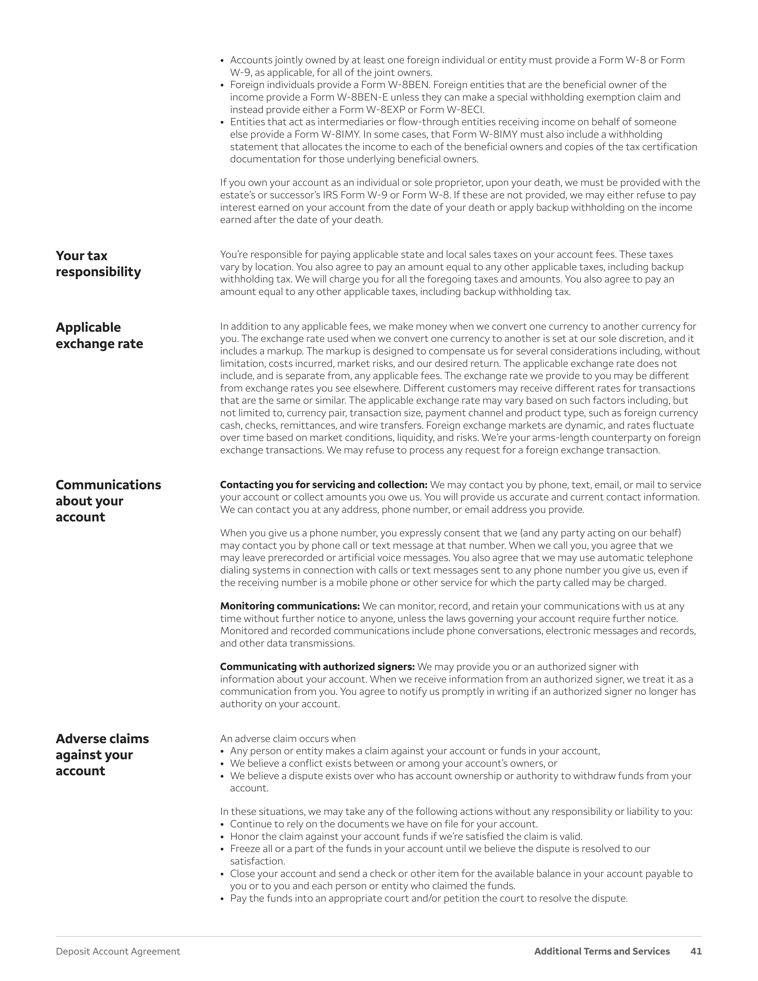 Wells Fargo & Company Deposit Account Agreement — page 41
