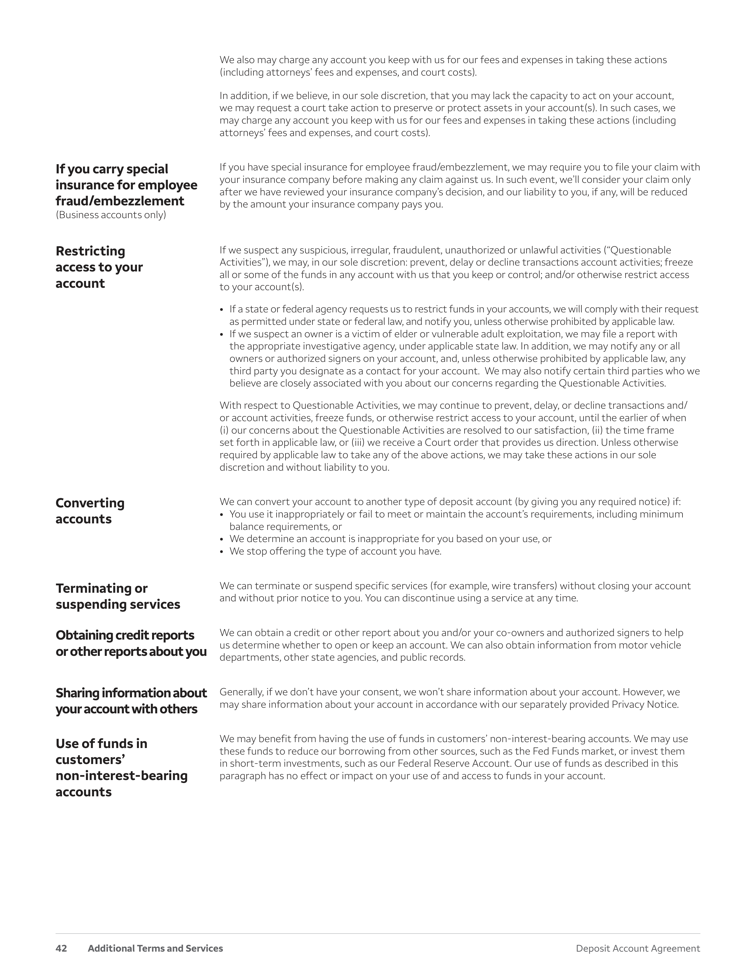 Wells Fargo & Company Deposit Account Agreement — page 42
