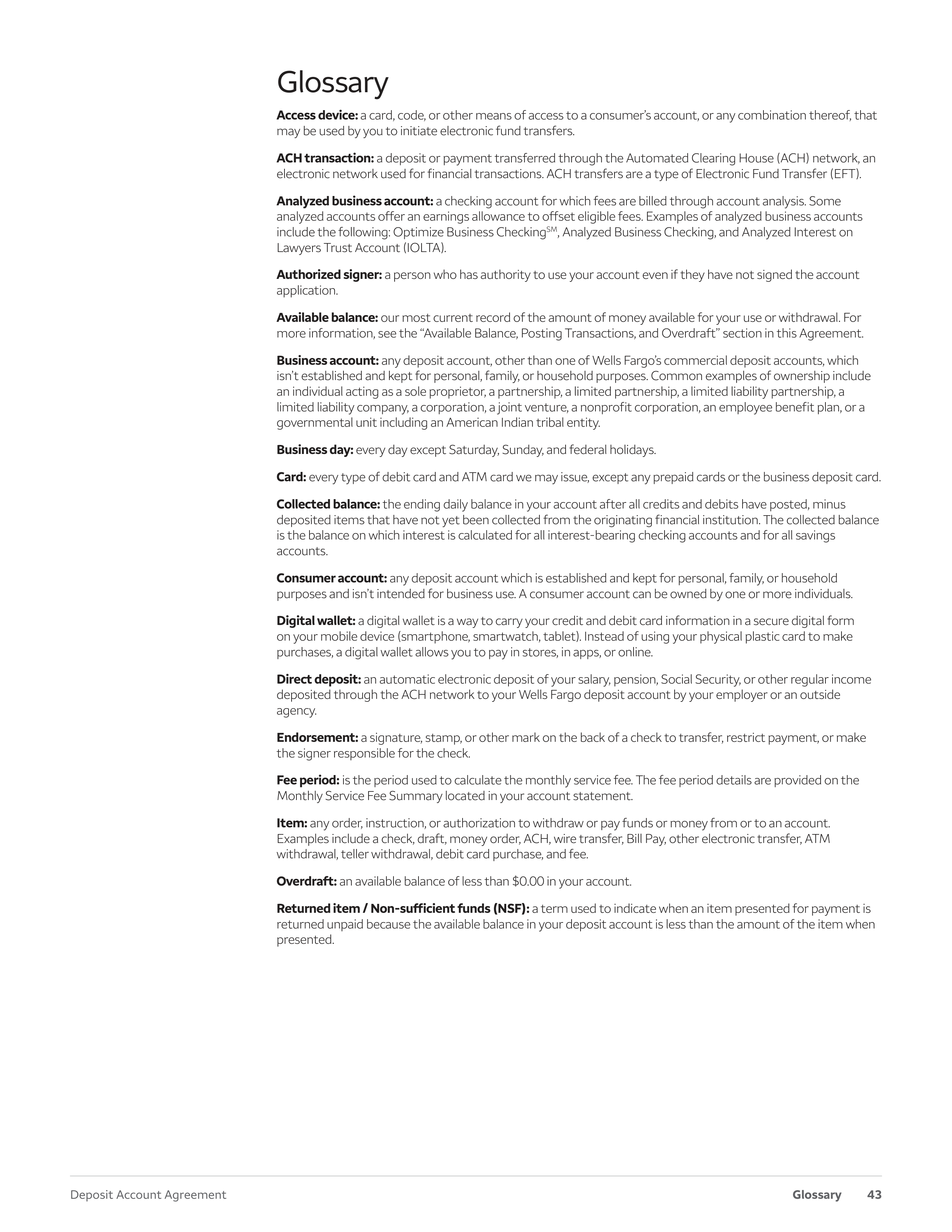 Wells Fargo & Company Deposit Account Agreement — page 43