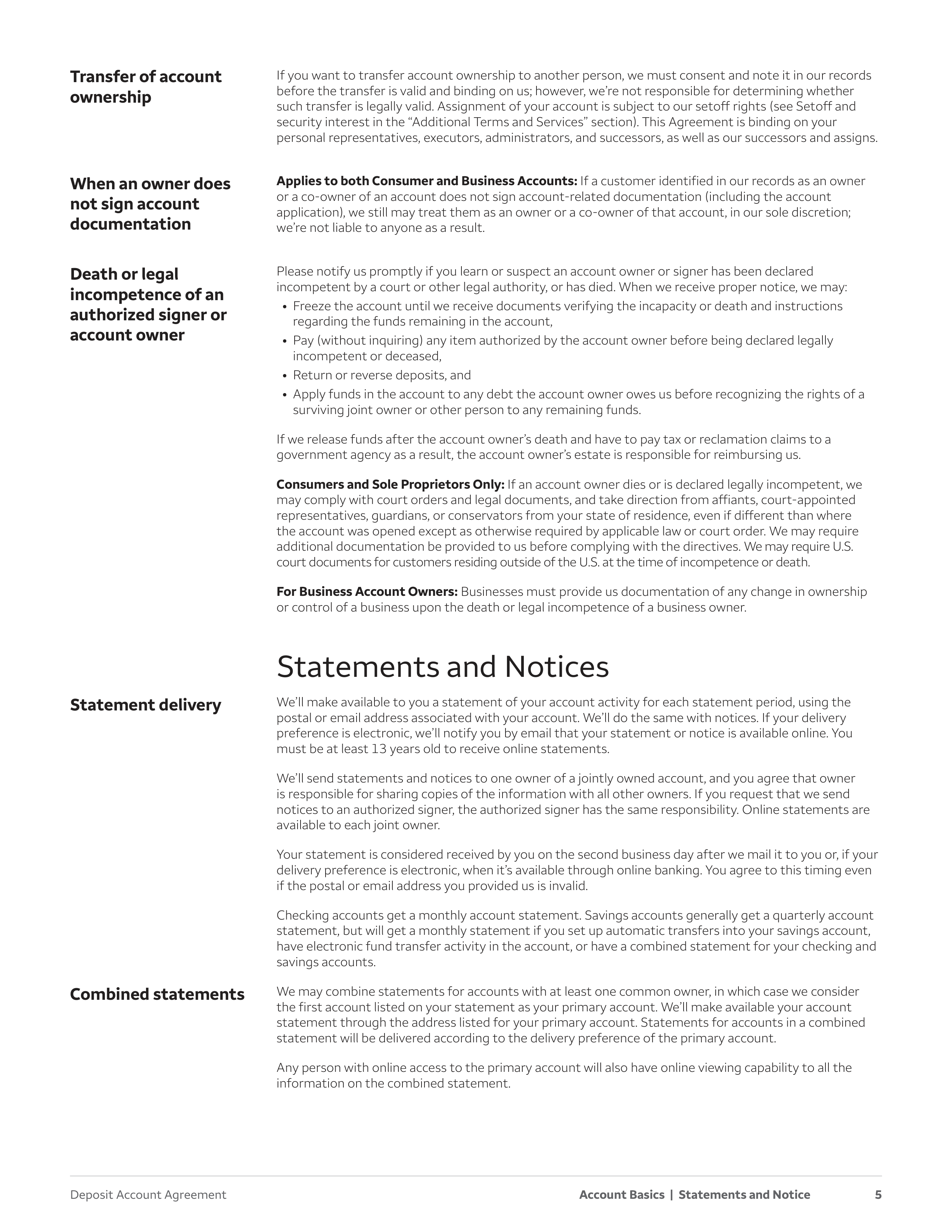 Wells Fargo & Company Deposit Account Agreement — page 5