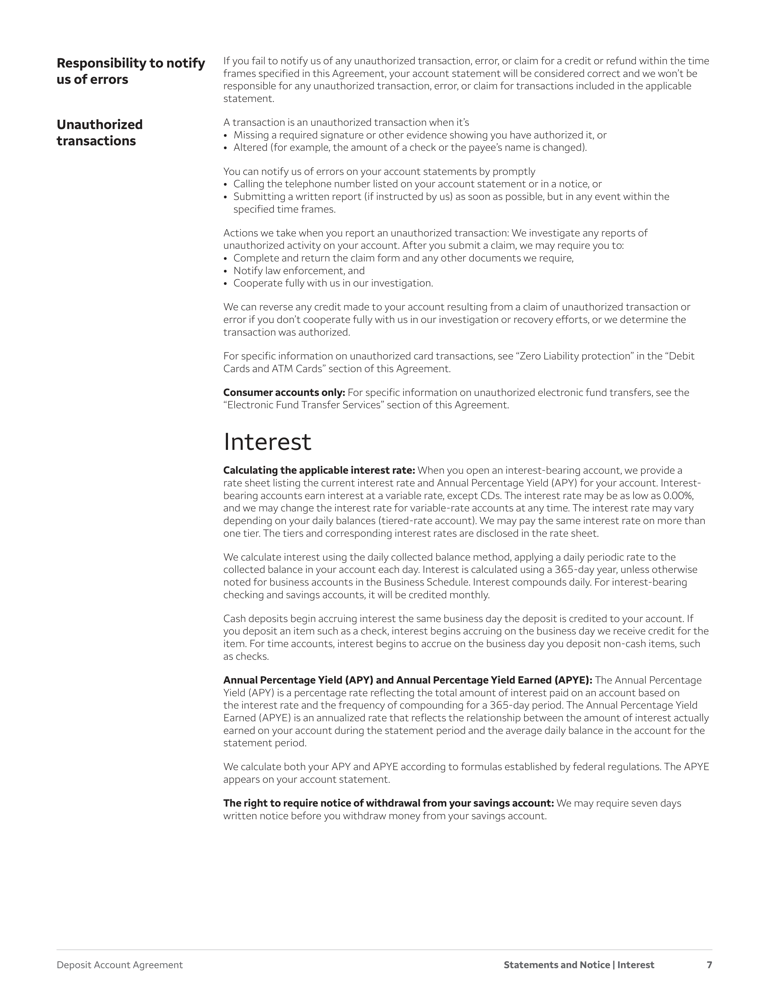 Wells Fargo & Company Deposit Account Agreement — page 7
