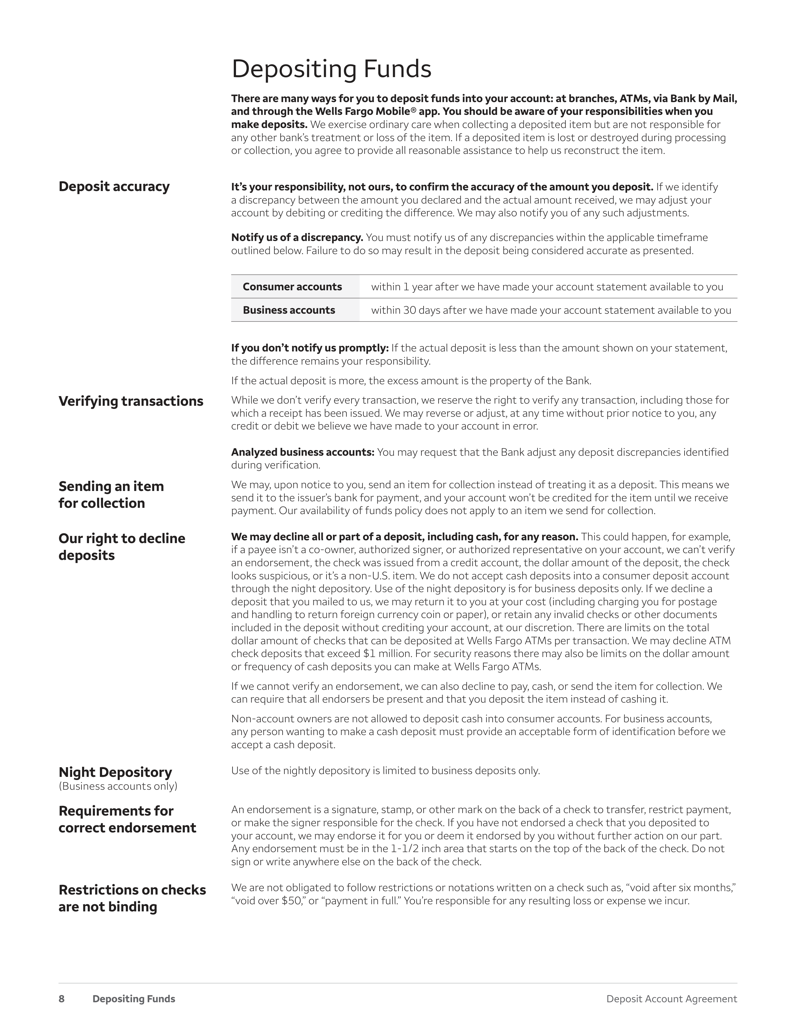 Wells Fargo & Company Deposit Account Agreement — page 8