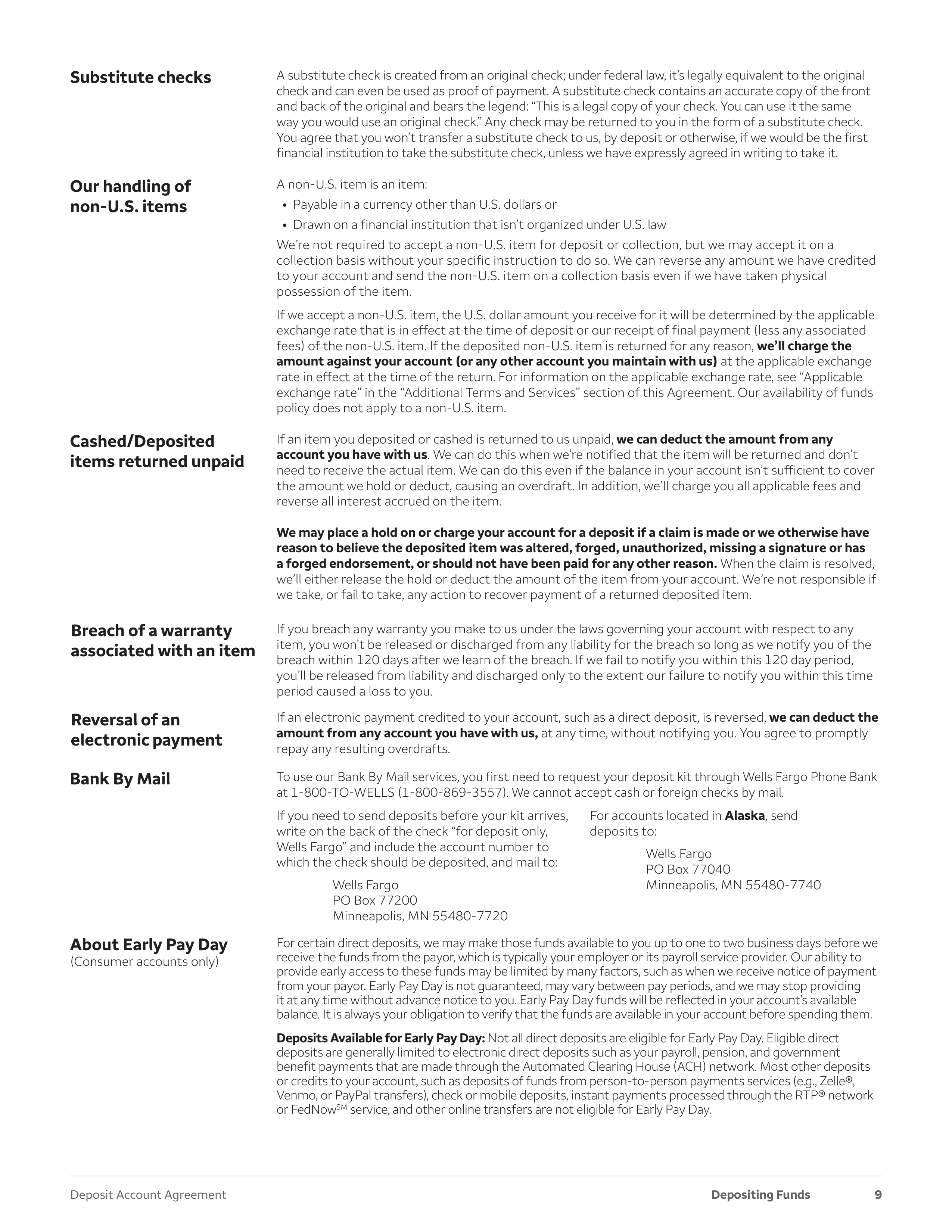 Wells Fargo & Company Deposit Account Agreement — page 9