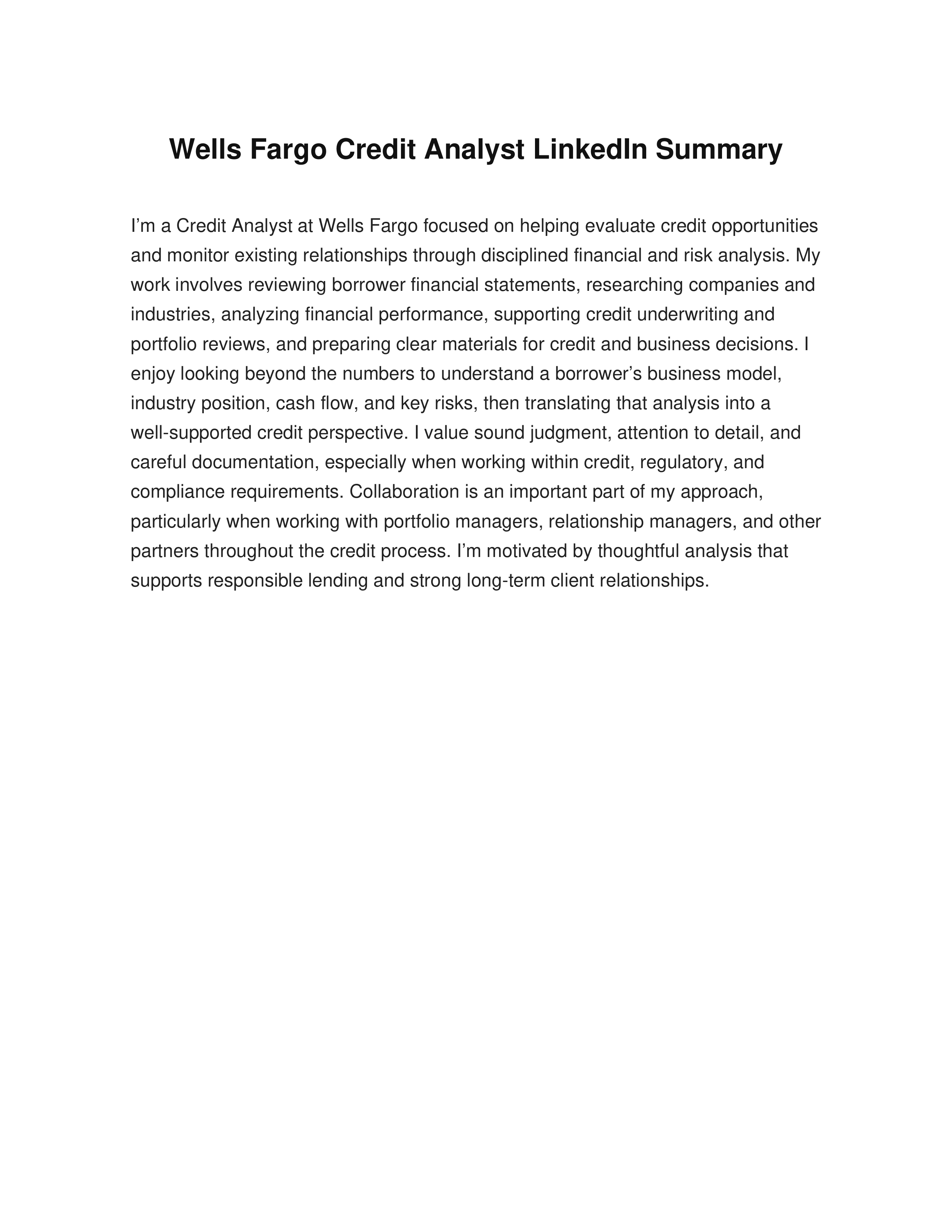 Wells Fargo Credit Analyst LinkedIn Summary — page 1