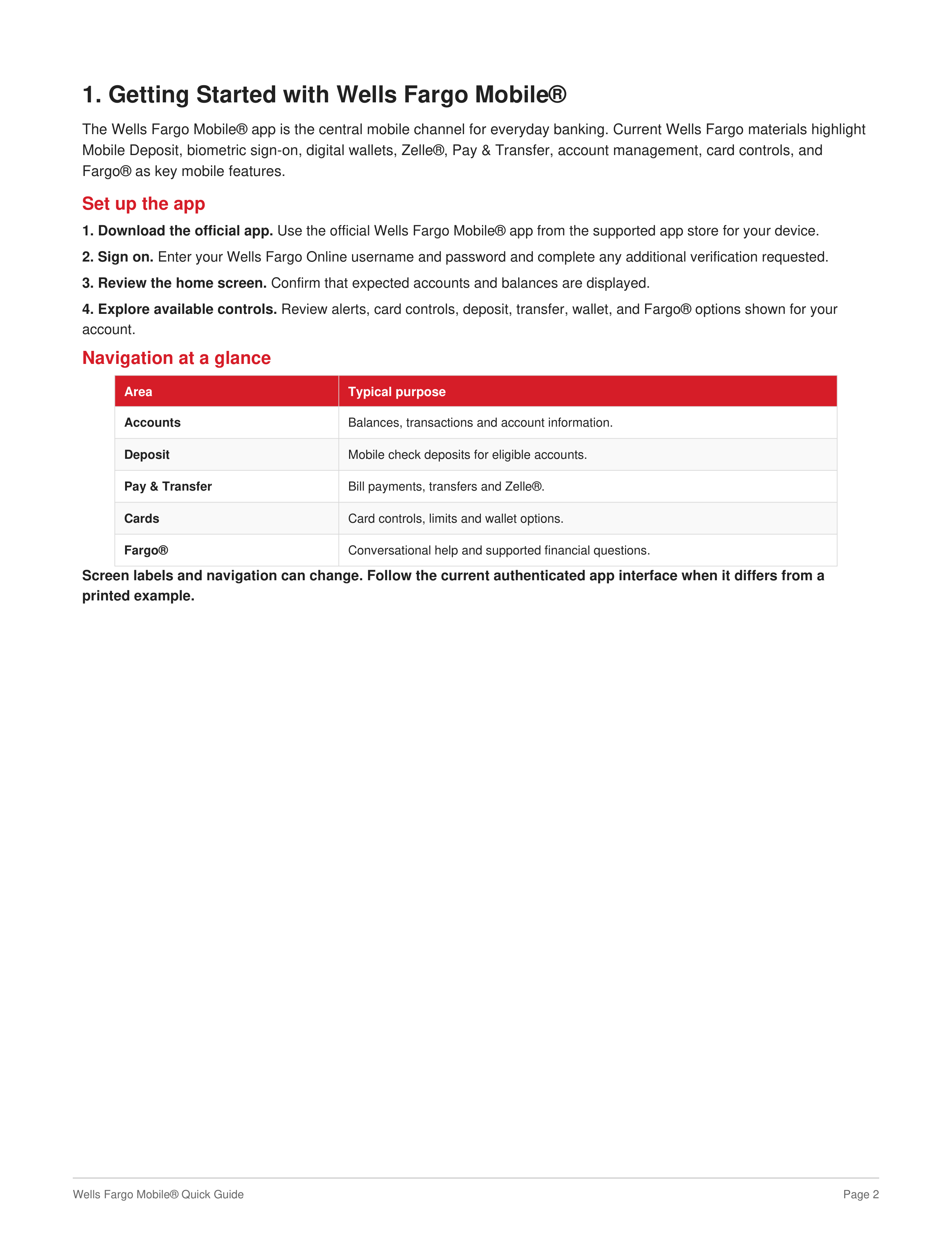 Wells Fargo Mobile Quick Guide — page 2