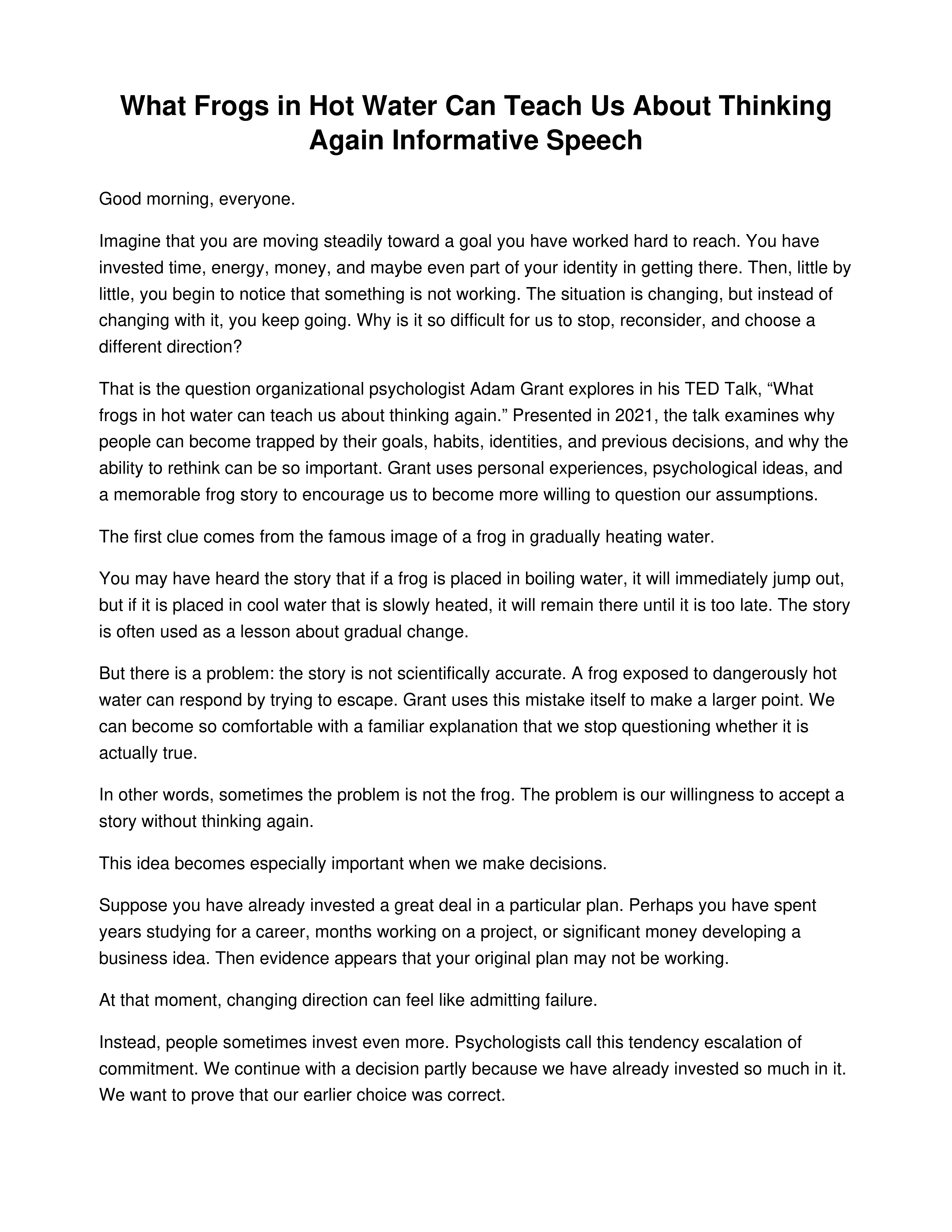 What Frogs in Hot Water Can Teach Us About Thinking Again Informative Speech — page 1