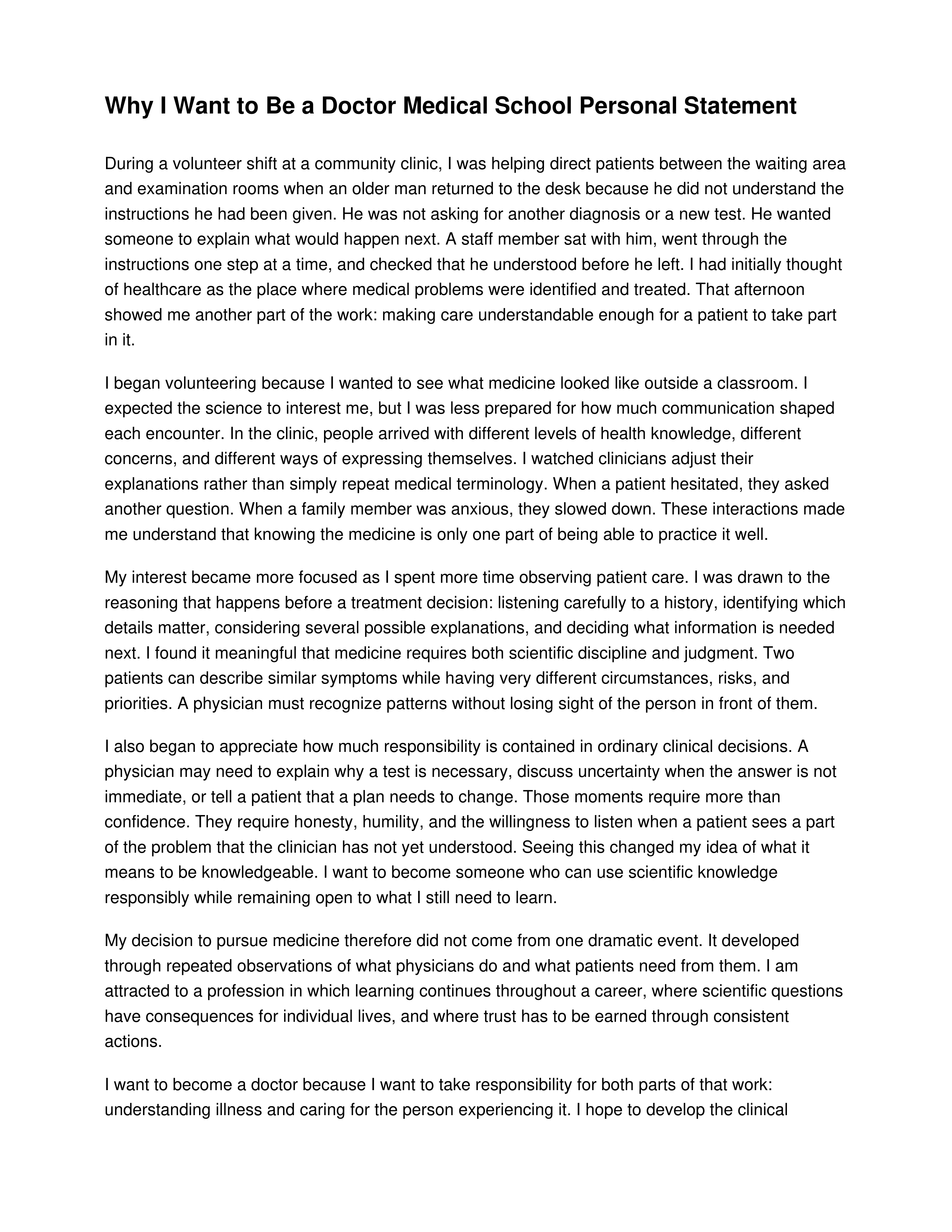 Why I Want to Be a Doctor Medical School Personal Statement — page 1