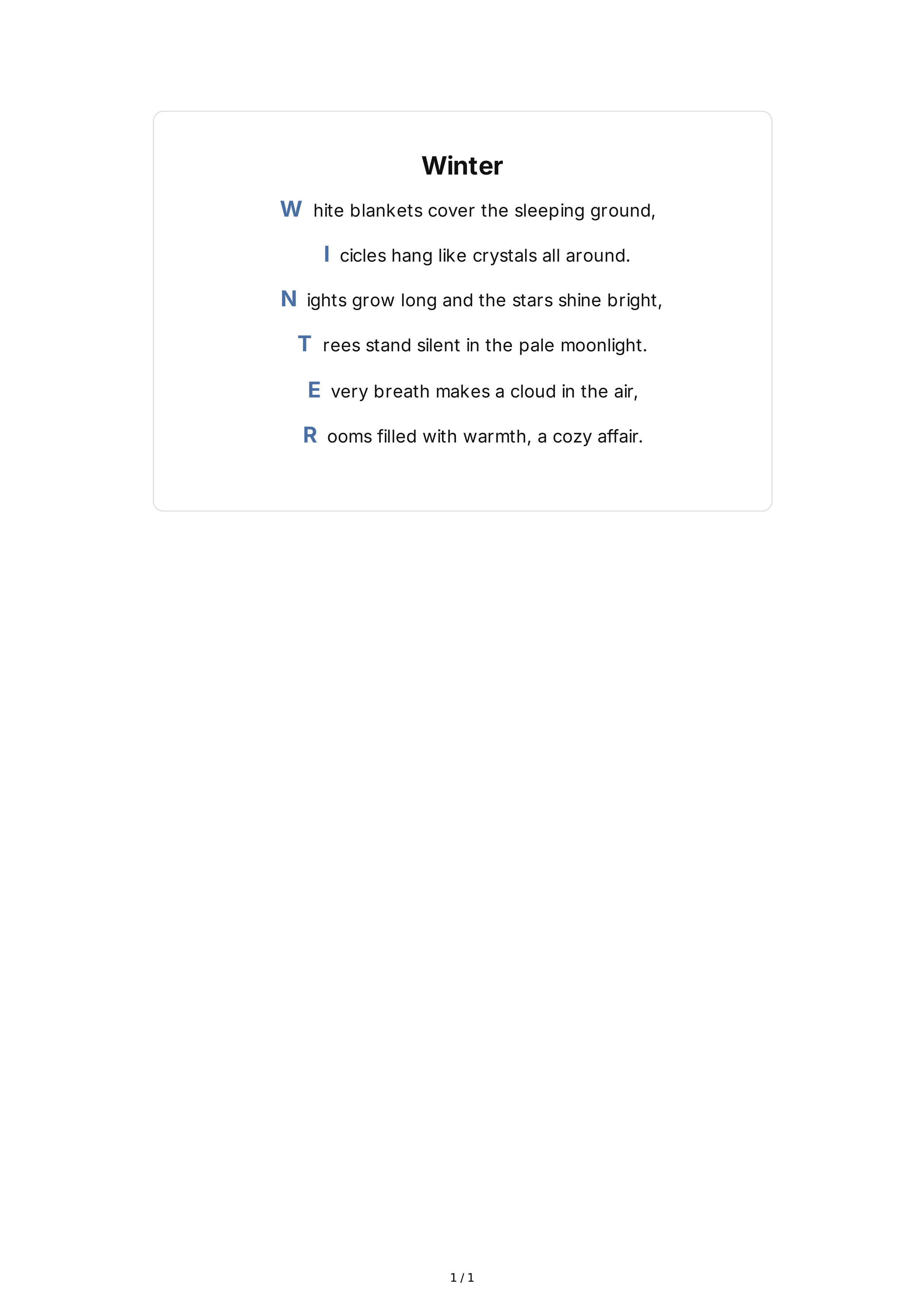 Winter Acrostic Poem — page 1