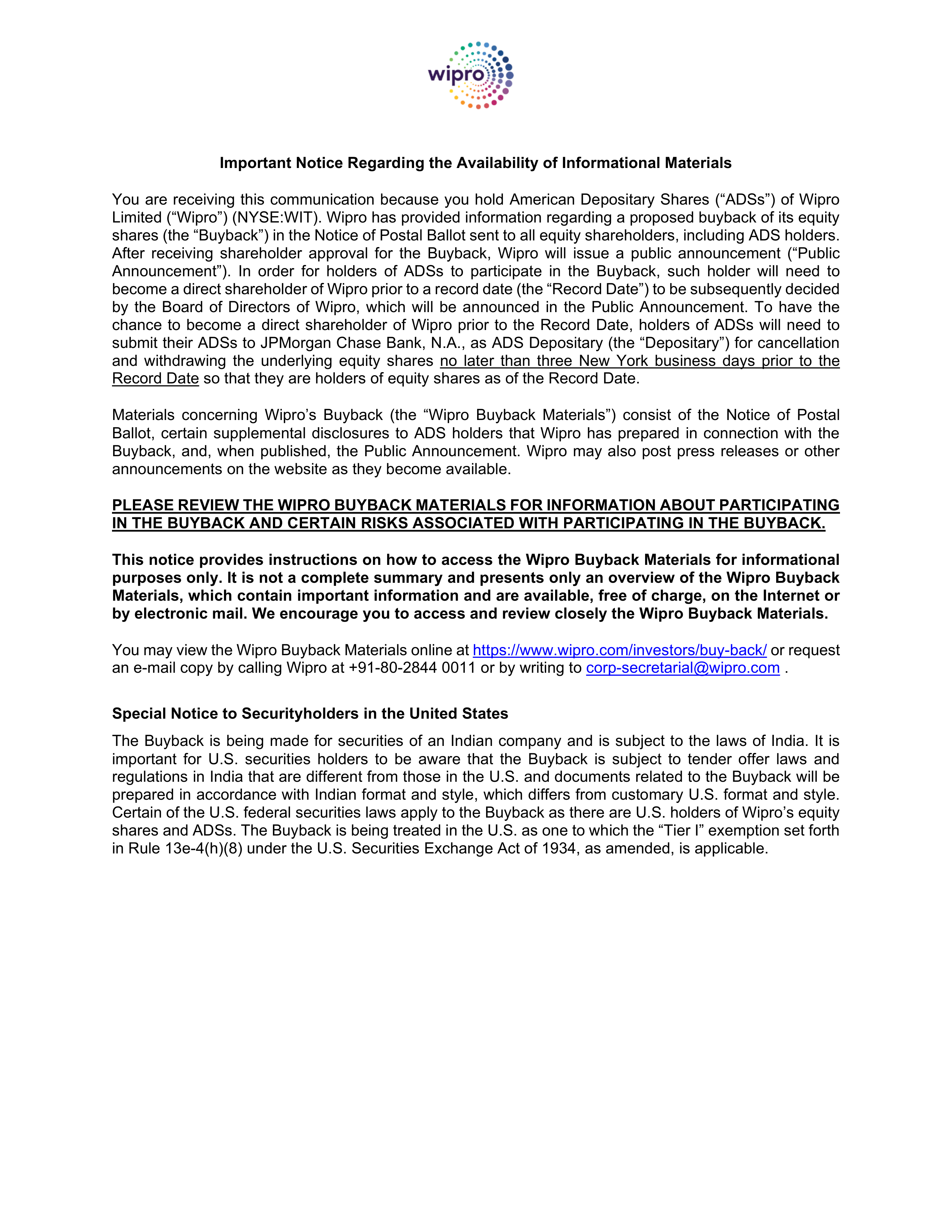 Wipro ADS Holder Informational Materials Notice — page 1