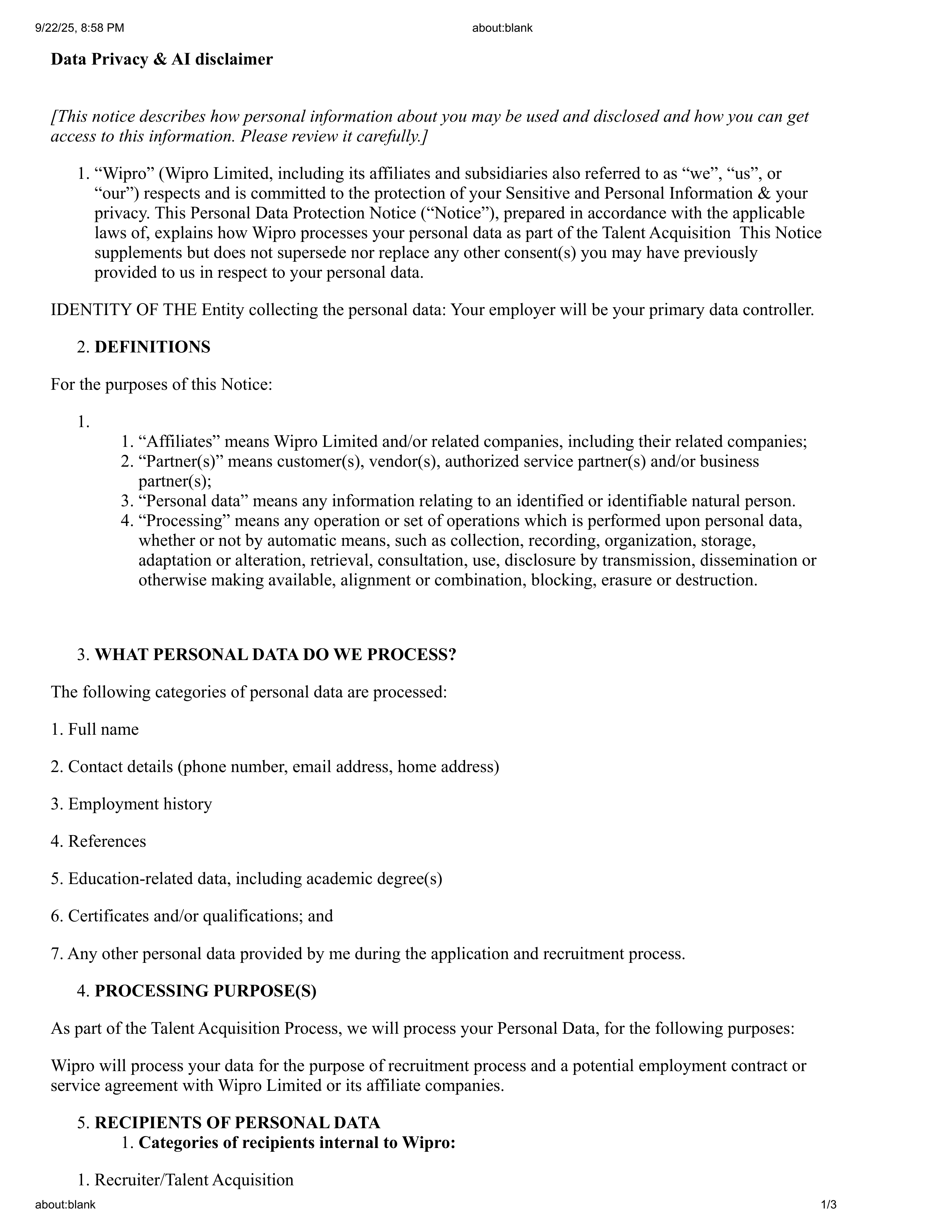 Wipro Personal Data Protection Notice — page 1