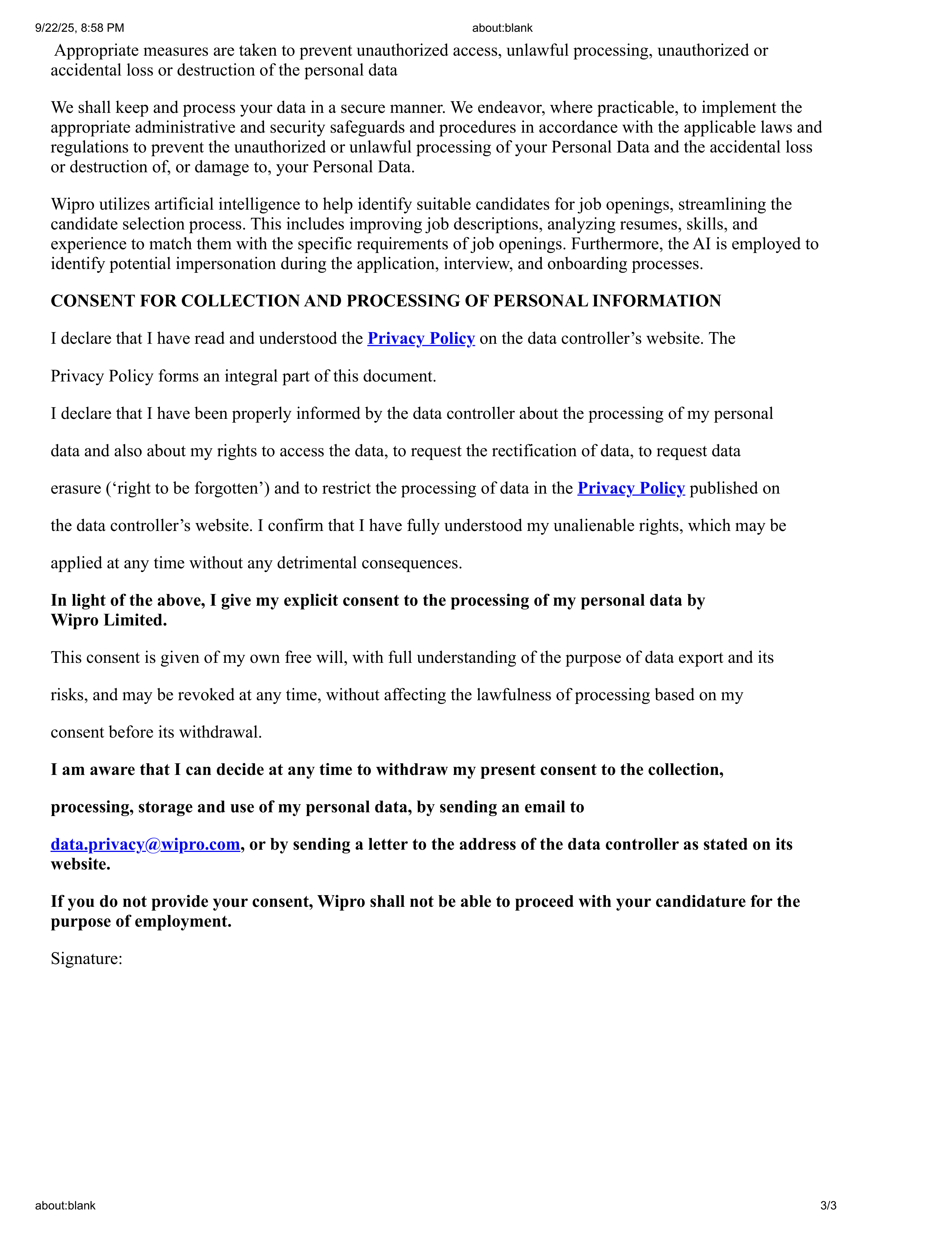 Wipro Personal Data Protection Notice — page 3