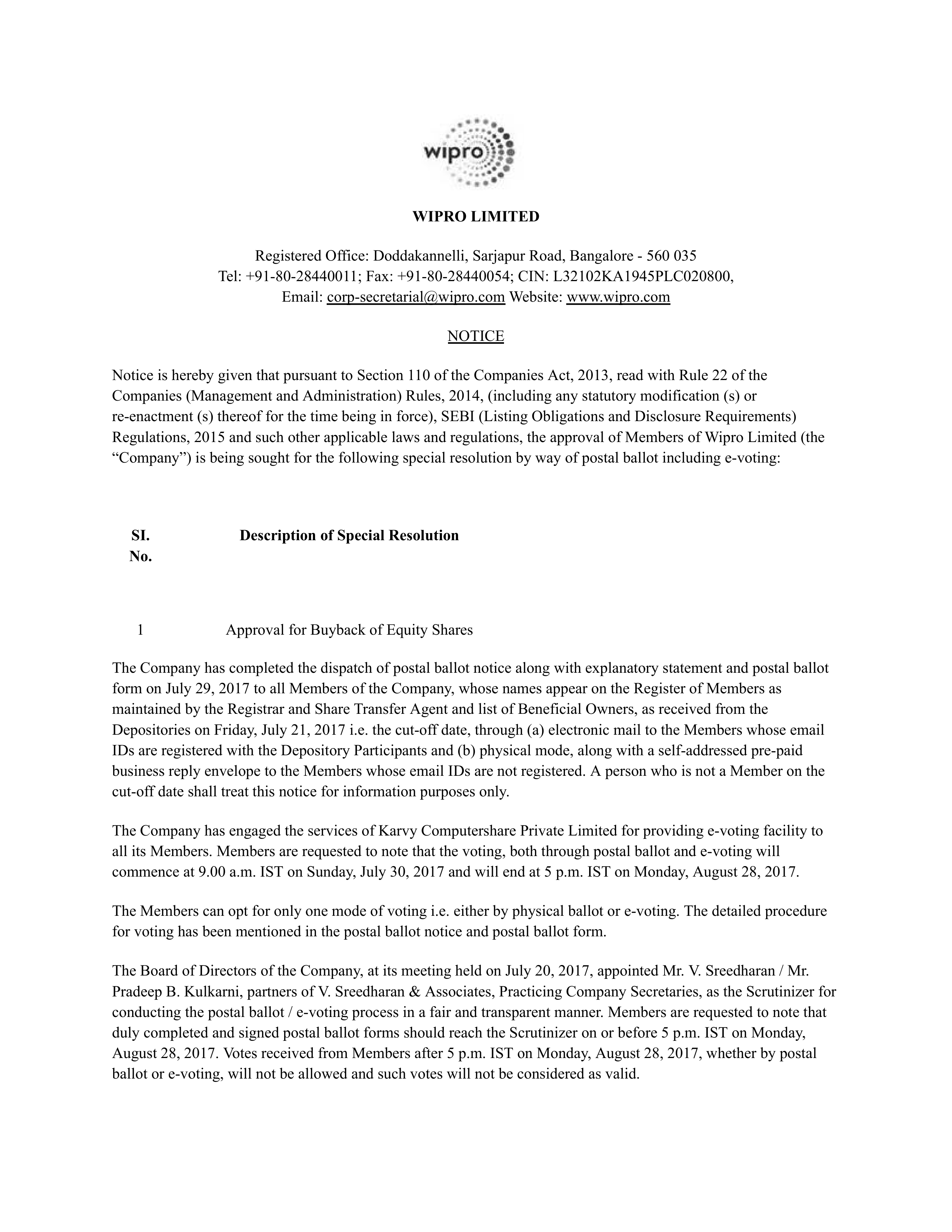Wipro Postal Ballot Notice — page 1